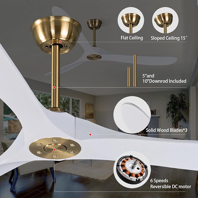 Bigzone 70" Large White Ceiling Fan With Remote Control, DC Motor Quiet Energy Saving,3 Black Balsa Wood Blades,Outdoor/Indoor Ceiling Fan With Reversible Blades