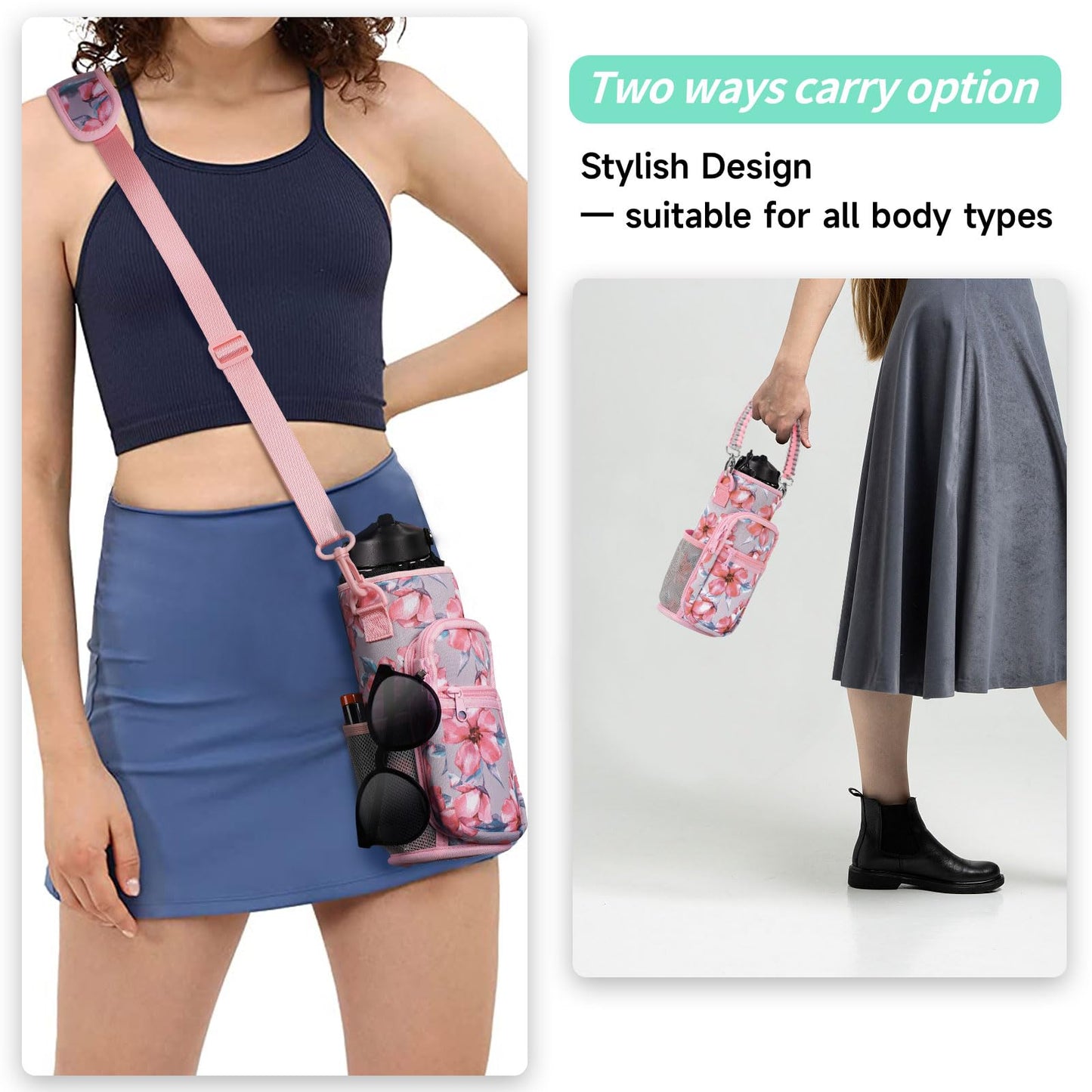 AceTreker Water Bottle Holder with Strap 32oz 40oz Metal Water Bottle Sleeve with 4 Pocket Sport Water Flask Carrier Sling Bag with Paracord Handle for Gym Walking Hiking-Pink Flowers
