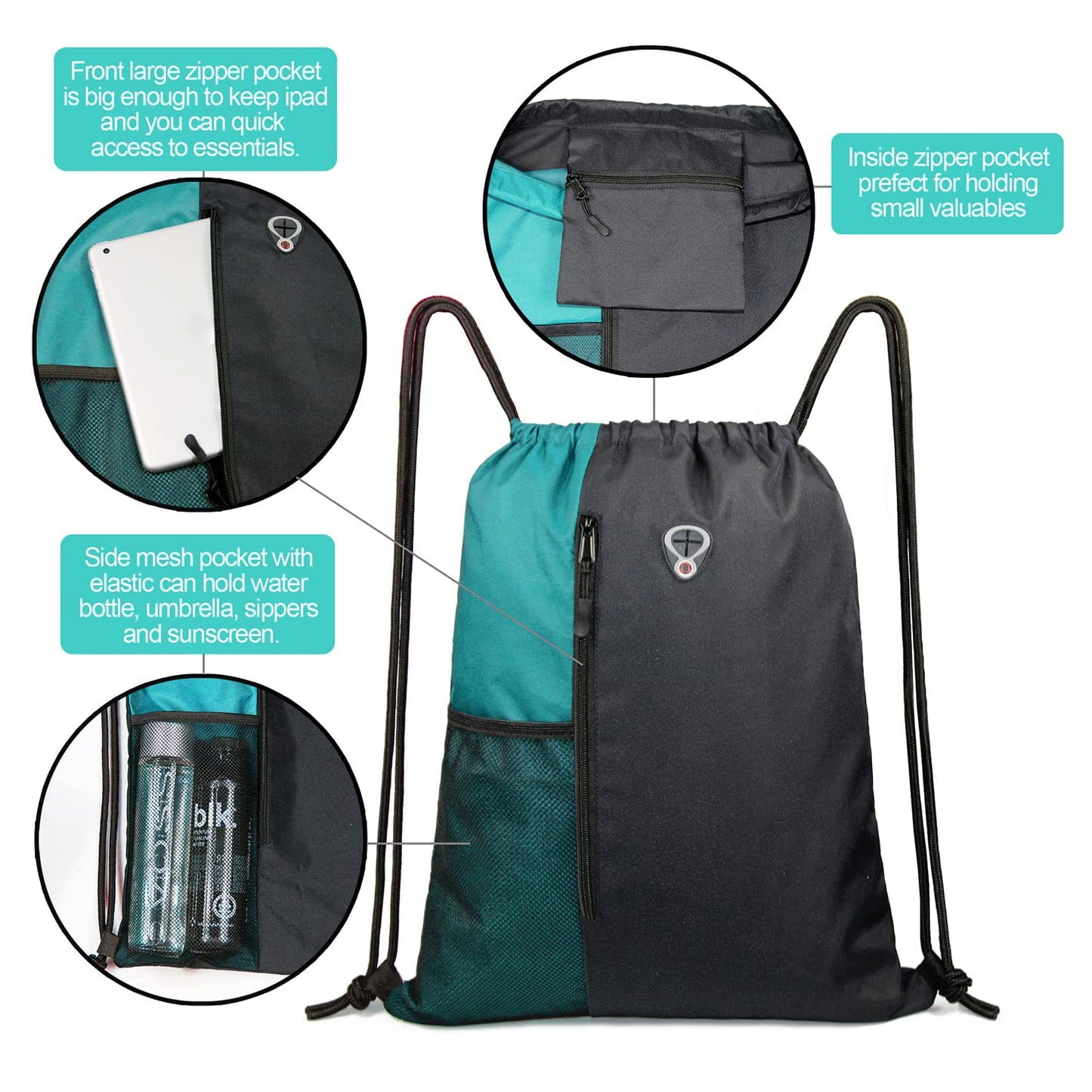 Drawstring Backpack Sports Gym Bag for Women Men Large Lightweight Backpack with Zipper and Water Bottle Mesh Pockets (Black/Teal)