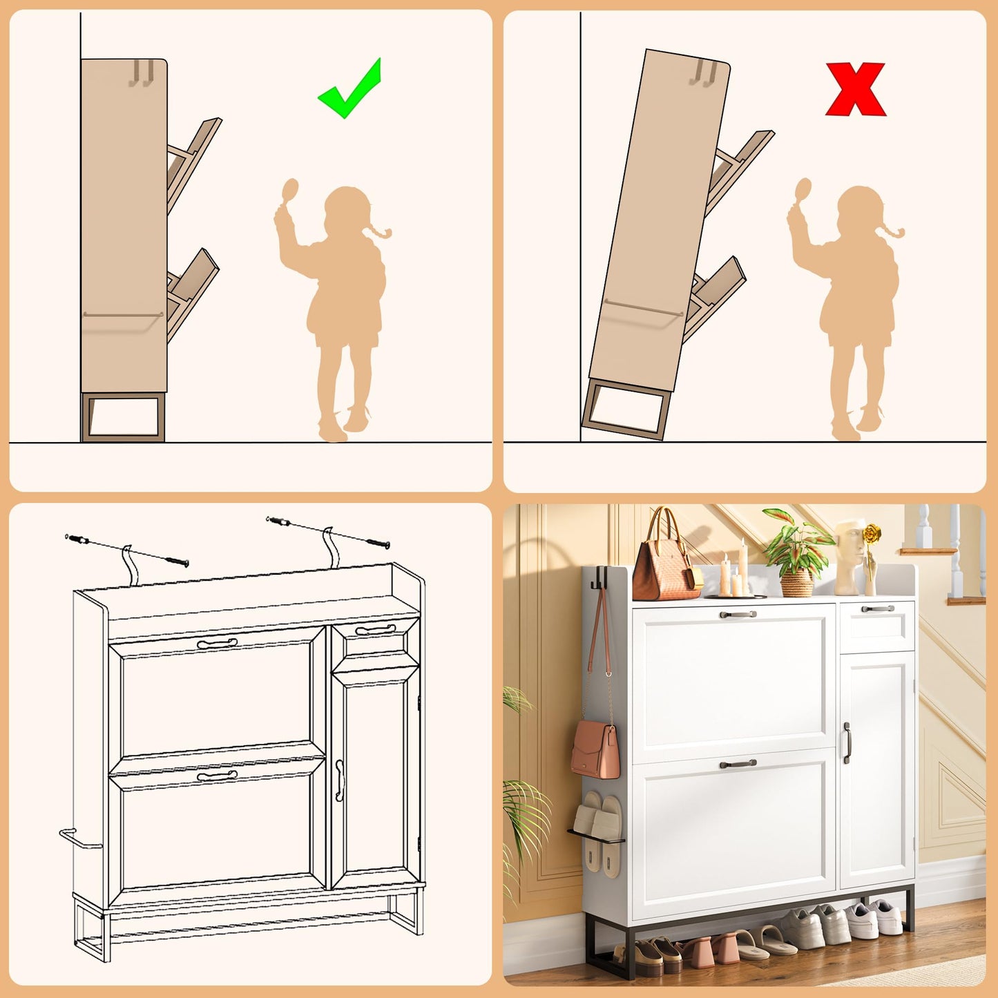 Ahomly 42" White Shoe Cabinet - 2 Flip Drawers (Adjustable), Side Cabinet, Storage Drawer & Open Top - Side Hooks for Shoes & Accessories - Space-Saving Entryway/Hallway Organizer