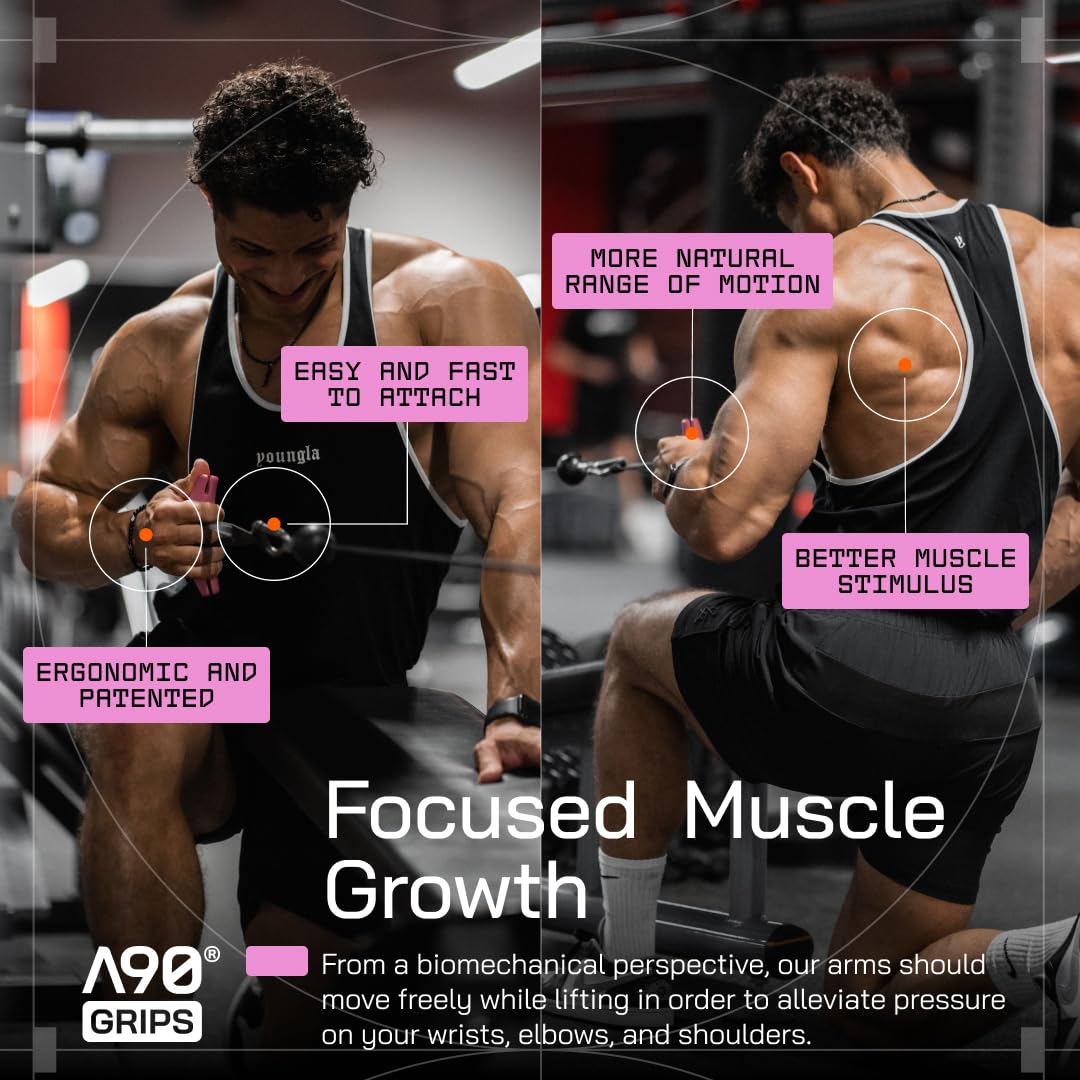 Angles90 Pink Grips - The original gym pull up grip handles, gym handles, lat pulldown attachments, perfect grips for T-bar row, cable machine, D Handle, grip strength trainer, gym equipment, lat bar