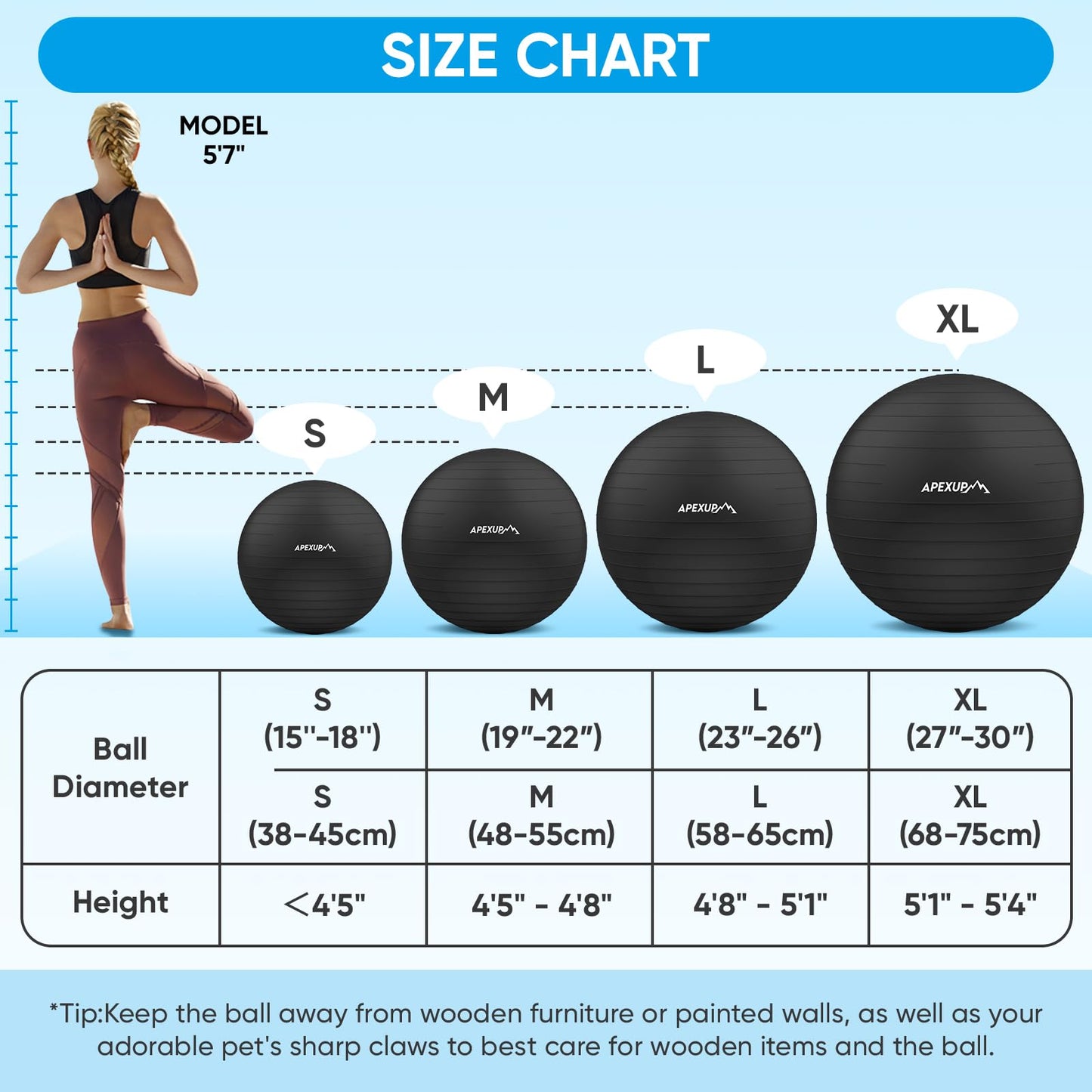 APEXUP Yoga Ball Exercise Ball, Anti Slip Stability Ball Chair, Heavy Duty Large Gym Ball for Fitness, Balance, Core Workout and Physical Therapy (S (15"~18") 45cm, Black)