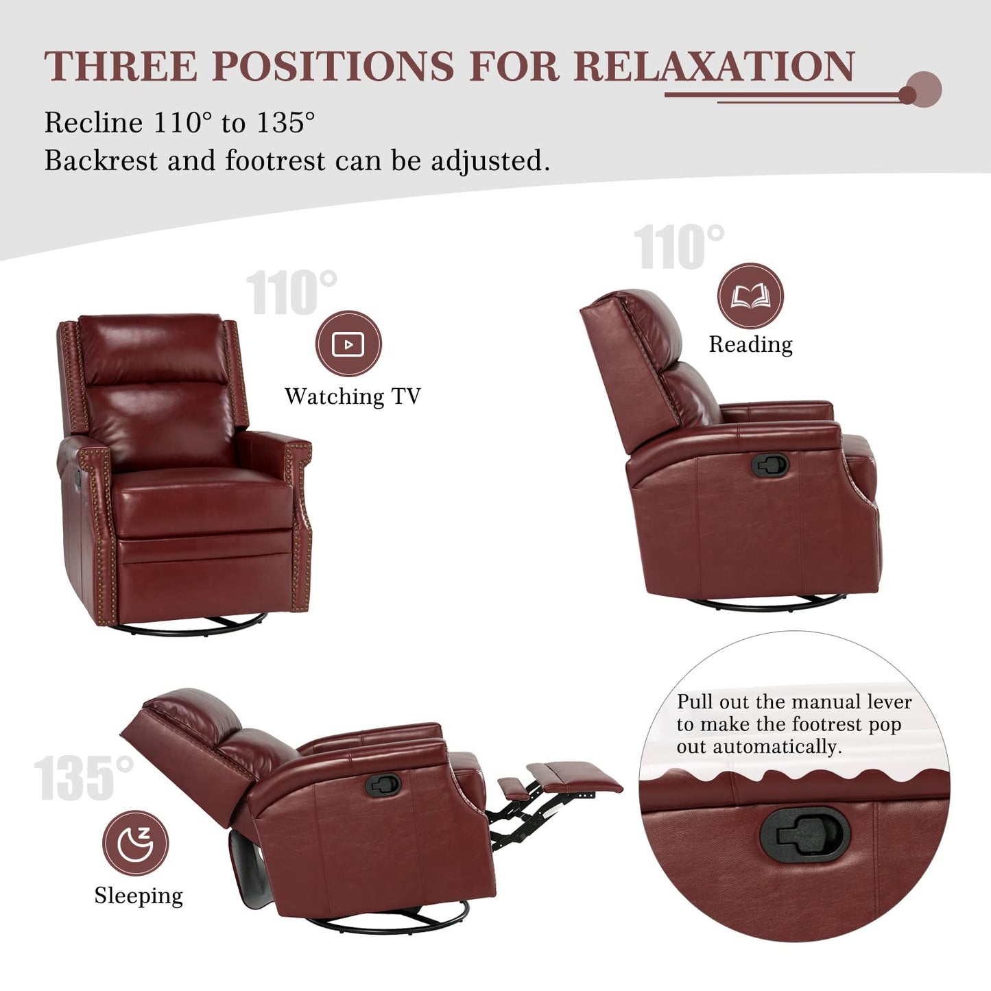 HULALA HOME Genuine Leather Swivel Rocker Recliner Chair Set of 2 for Living Room,Manual Glider Recliner with Adjustable Backrest&Footrest,Modern Home Theater Sofa Armchair with Nailhead Trim,BURGUNDY