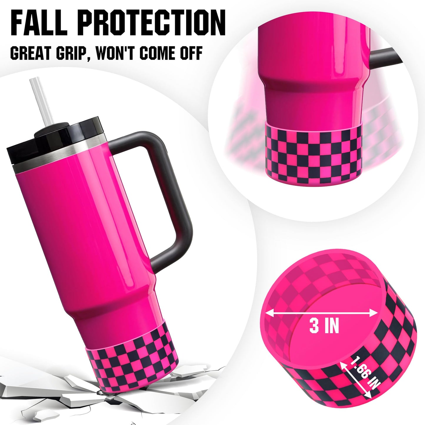 Neon Checkered Protective Silicone Boot for Stanley Tumbler 20-40oz, Made for Hydro Flask 12-24oz & Simple Modern 20-40oz, Antislip Sleeve for More Tumblers/Water Bottles of 2.8-3" Base, Electric Pink
