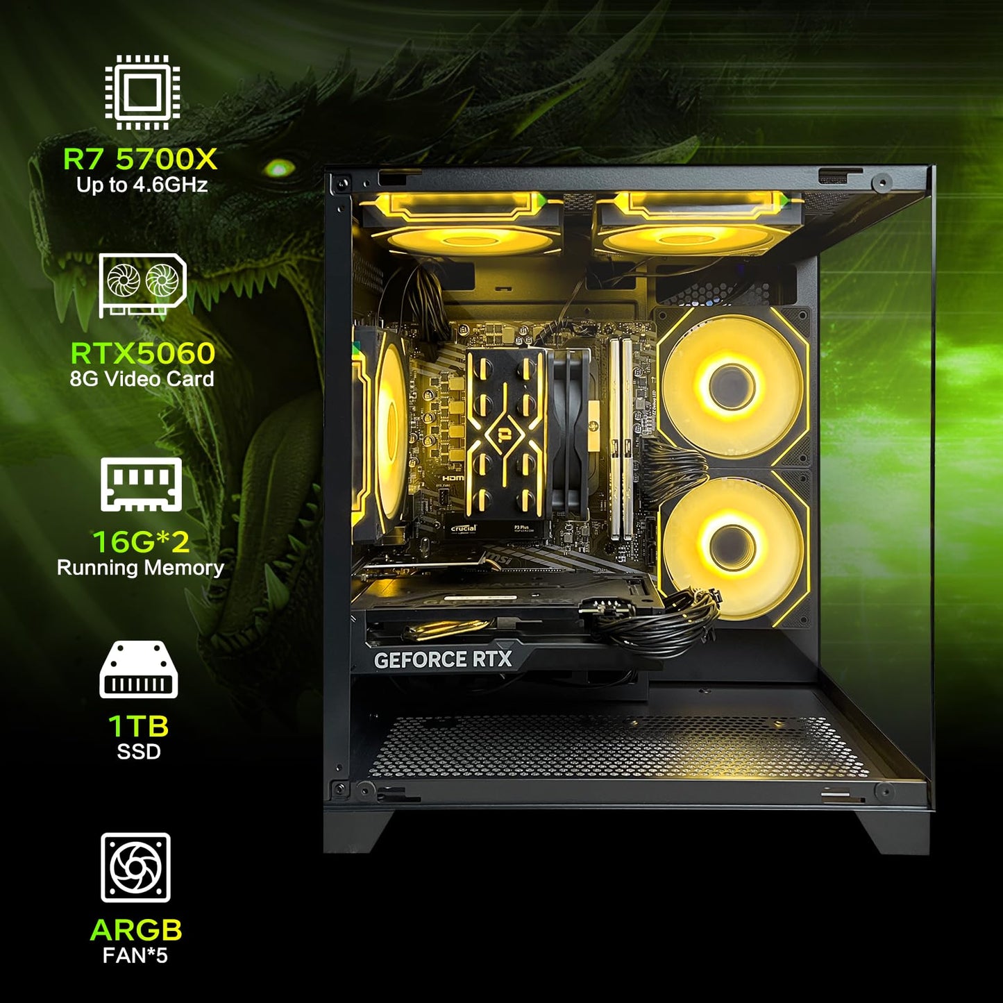 AEXPXO Gaming PC Desktop,Prebuilt Gaming Computer with,AMD Ryzen 7 5700X 3.4GHz,RTX5060 8GB GDDR7 DLSS4,32GB DDR4 RAM 3200MHz,1TB NVME SSD,ARGB Cooling Fan,Supply WiFi Support