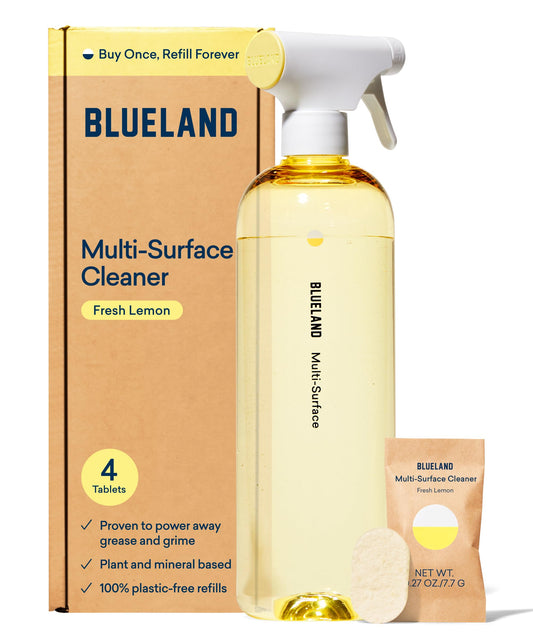 BLUELAND Multi-surface Cleaner, Starter Set, Fresh Lemon Scent, Spray Bottle with 4 Refill Tablets, All-Purpose, Eco-Friendly Cleaning Supplies, 4 x 24 Fl oz