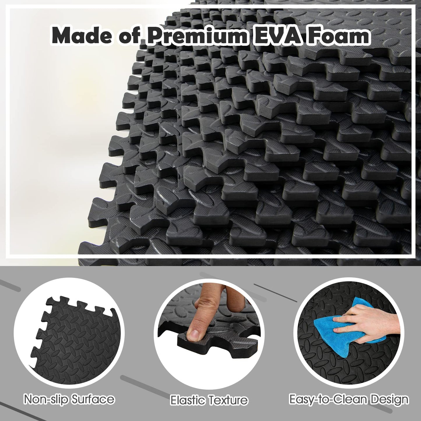 Tangkula 12 Tiles Exercise Flooring Mats with Border, Non-Slip EVA Foam Protective Mats, Elastic Puzzle Play Mats, 1/2" Interlocking Floor Mats for Home Gym, Fitness Room, Workshop Equipment(Black)