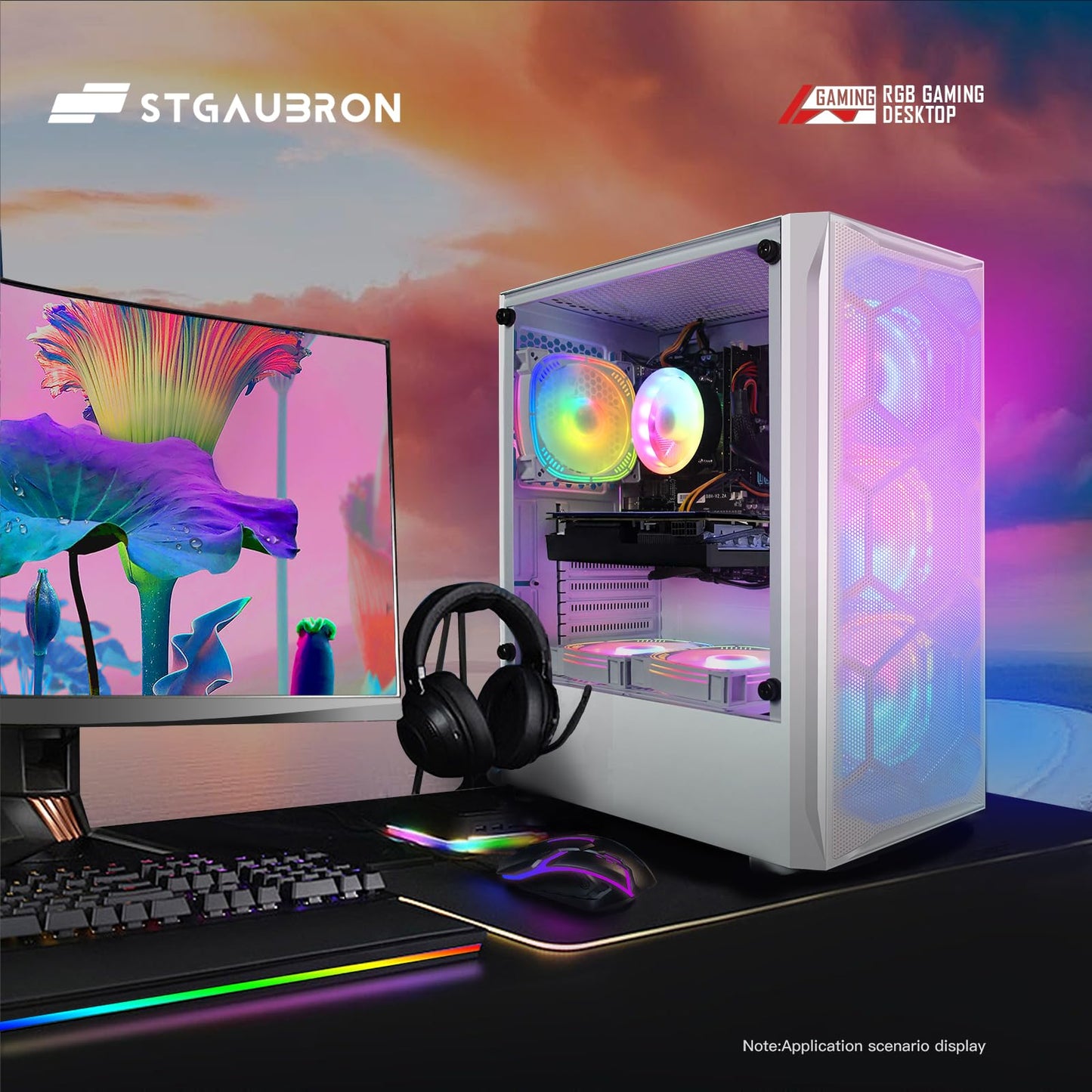 STGAubron Gaming Desktop PC, Radeon RX 5600 XT 6G GDDR6, Intel Core i5 3.2G up to 3.6G, 16G RAM, 512G SSD, 600M WiFi, BT 5.0, RGB Fan x 6, RGB Mouse Pad, Windows 10 Home, White