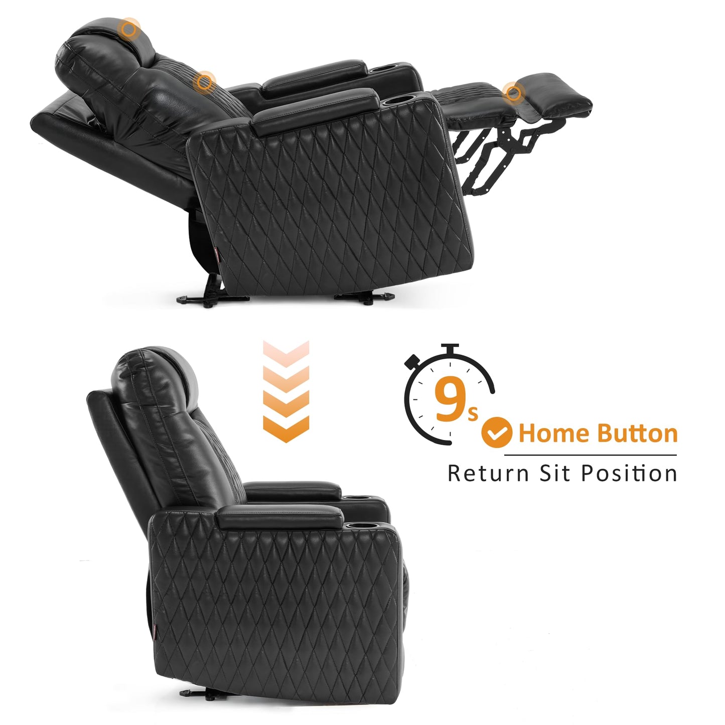 MCombo Oversized Power Recliner Chair for Adults with Power Headrest & LED Light, Faux Leather Recliner Chair for Living Room & Home Theater, USB Port, Armrest Storage HTS401 (Faux Leather, Black)