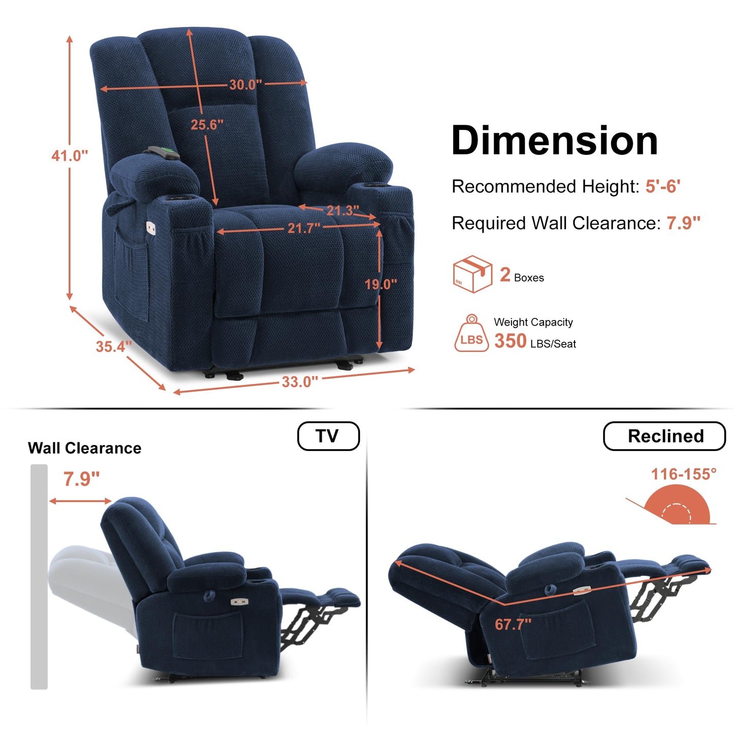 MCombo Zero Gravity Power Recliner Chair with Heat and Vibration Massage, Reclining Chair with USB & Type C Ports, Cup Holders for Living Room, Fabric 8015 (Navy Blue)