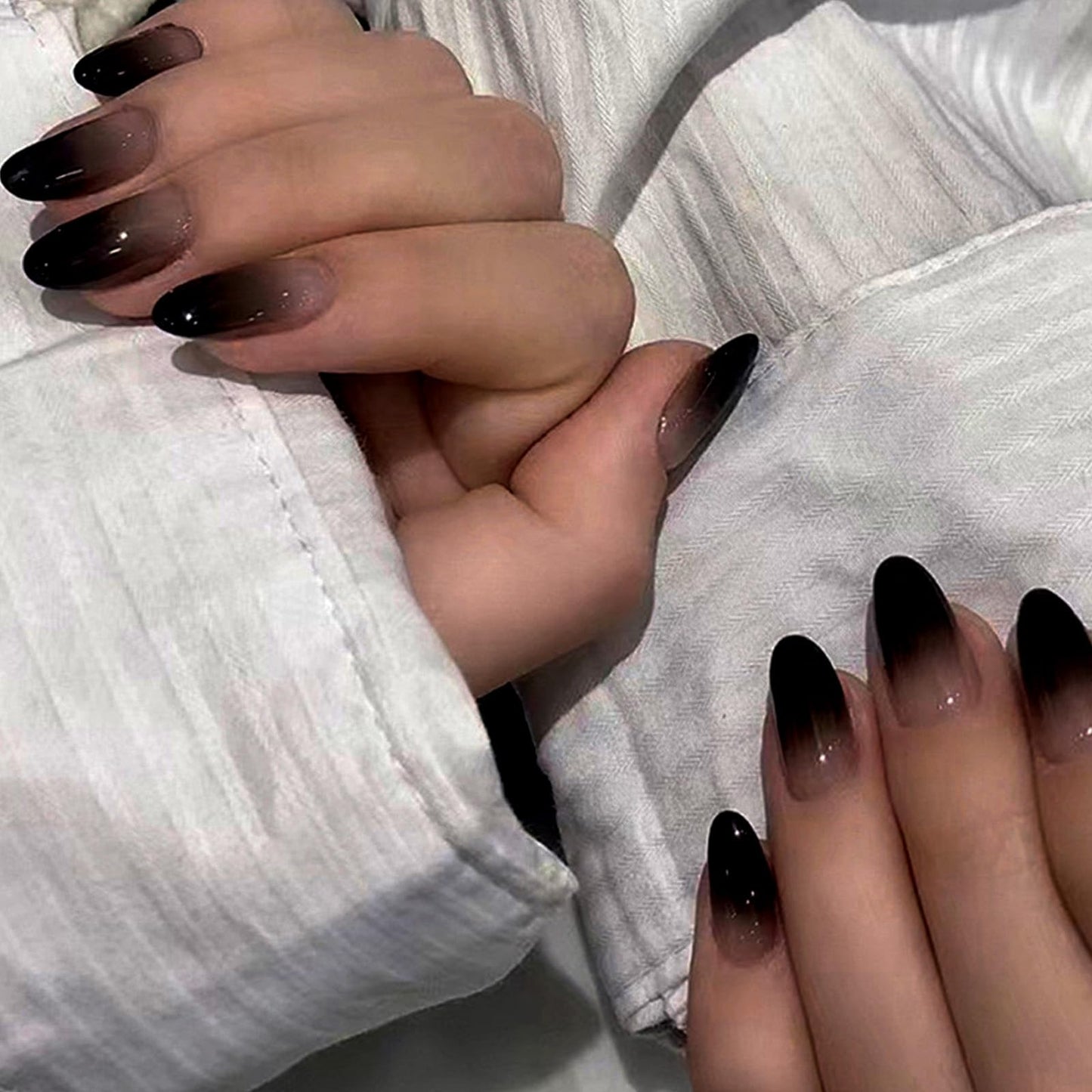 Almond Press on Nails Short Black Fake Nails Press ons Medium False Nails with Designs Ombre Glossy Full Cover Acrylic Glue on Nails Cute Artificial Stick on Nails for Women Nail Art Decoration 24Pcs