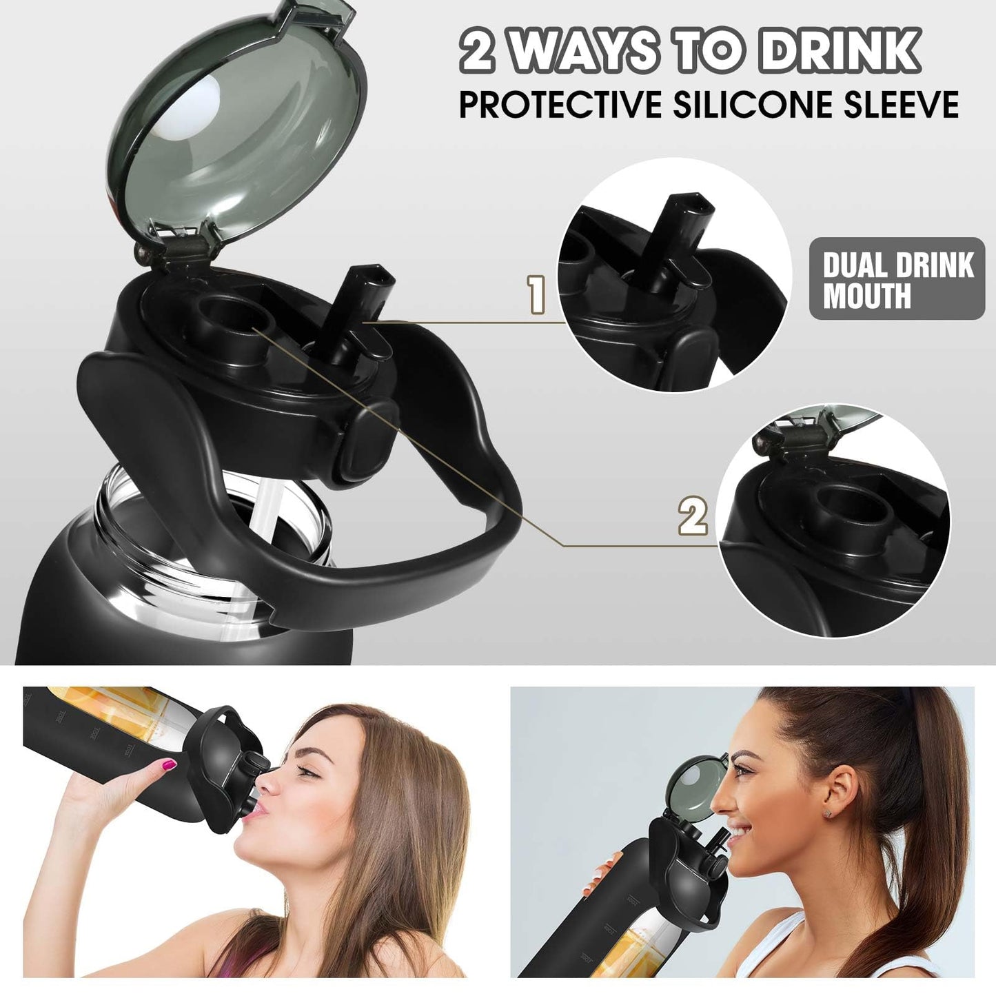 OxyFlask Glass Water Bottles 64 oz - Half Gallon Water Bottle with Straw Phone Holder Handle Time Marker and Silicone Sleeve, Large Motivational Water Jug with Carrier Bag for Daily Intake Gym Black