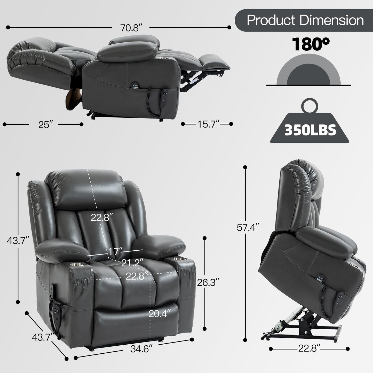 EZZUP Lay Flat Lift Recliner Chair with Massage & Heat for Elderly People, Electric Power Lift Chair w/Dual Motor, 2 Stainless Steel Cup Holders and 2 Remote Controls, Breathable Leather Grey
