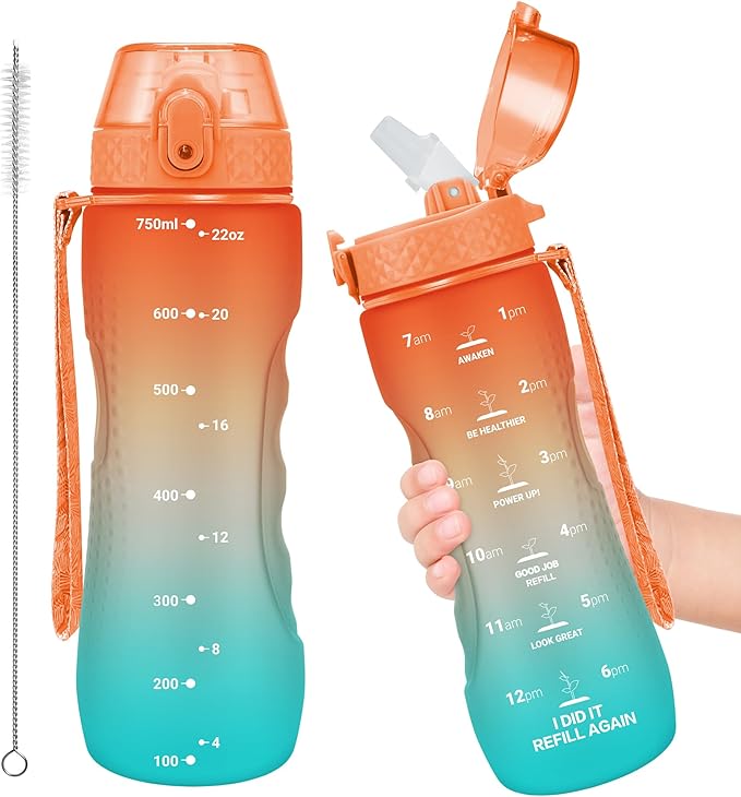 OLDLEY Kids Water Bottle for School, 25 oz (Straw Lid) BPA-Free Reusable Leak-proof Durable Tritan Plastic Water Bottles with One-handed Opening Straw Lids, Anti-dust Spout Cover (Sunflower)