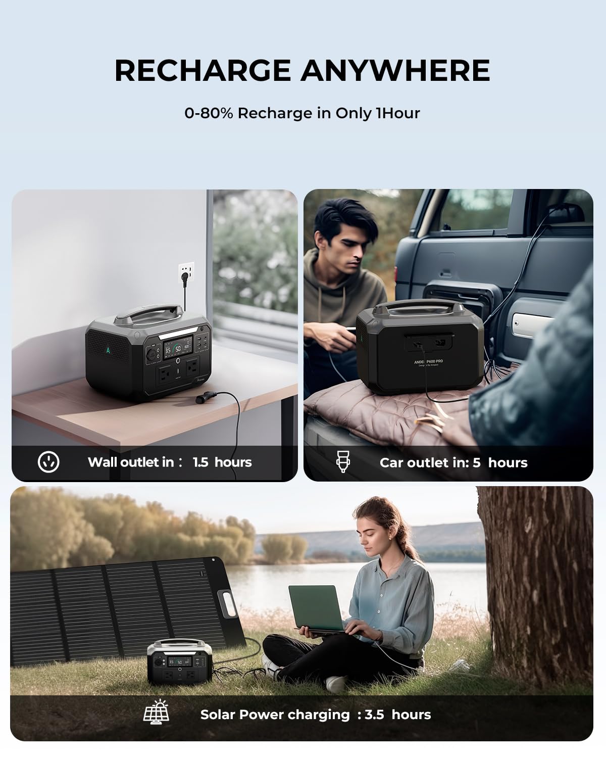 AMPACE Portable Power Station Andes 600 Pro, 600W (Peak 1800W) Solar Generator, 0-80% in 1 Hr, 584Wh Hybrid LiFePO4 Battery for Outdoor Camping, RVs, Home Use (Solar Panel Optional)