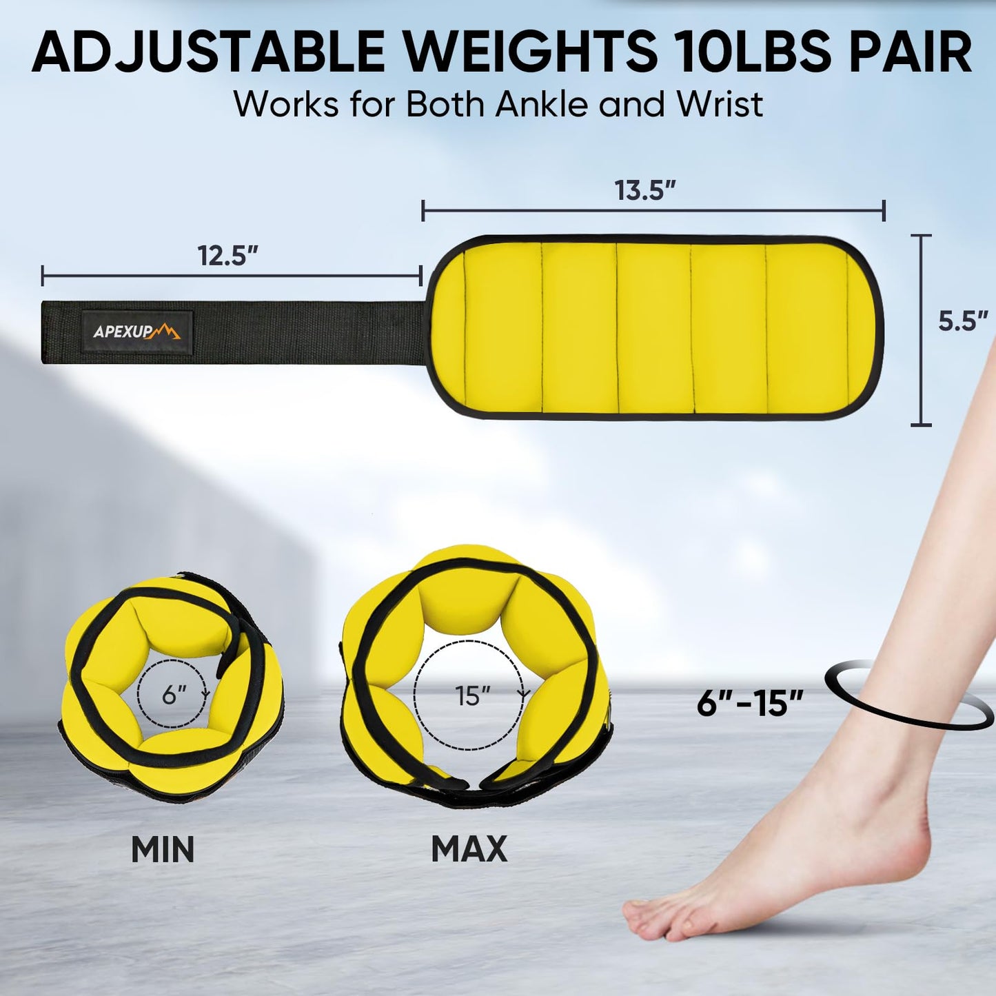 APEXUP 10lbs/Pair Adjustable Ankle Weights for Women and Men, Modularized Leg Weight Straps for Yoga, Walking, Running, Aerobics, Gym (Yellow)
