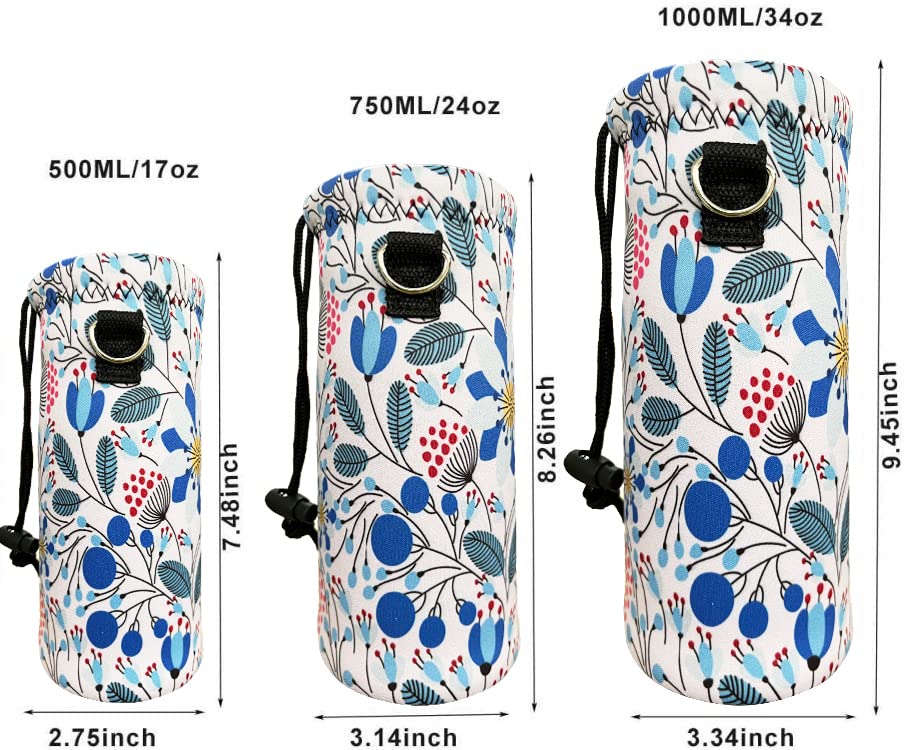 RICHEN Neoprene Water Bottle Carrier Bag with Adjustable Shoulder Strap,Insulated Water Bottle Cover for 500ml/16oz Stainless Steel/Glass/Plastic Bottles Bottles (Blue Flowers,500ML)