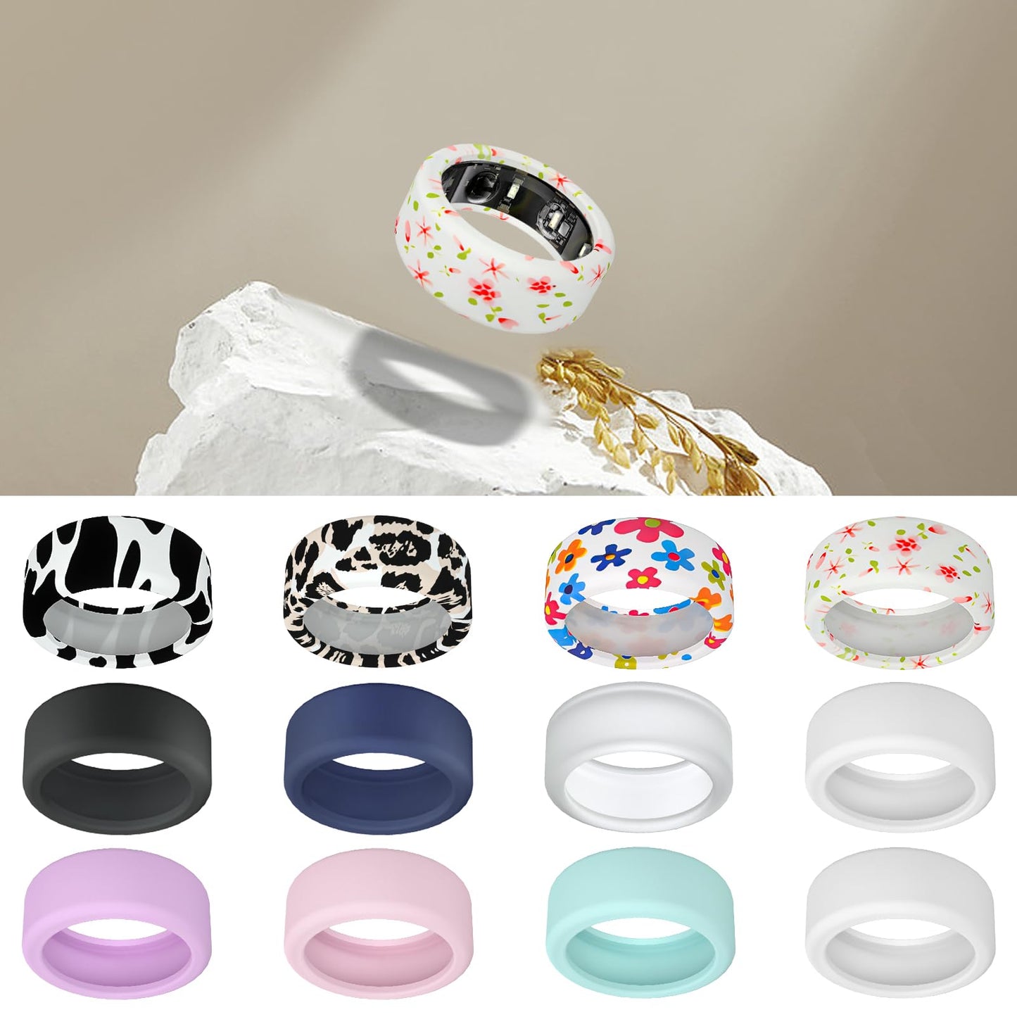 Wawoday Silicone Ring Protector Compatible with Oura Ring, Elastic Ring Cover for Oura Ring Gen 3 for Working Out (Floral/Small, M (11/12/13))