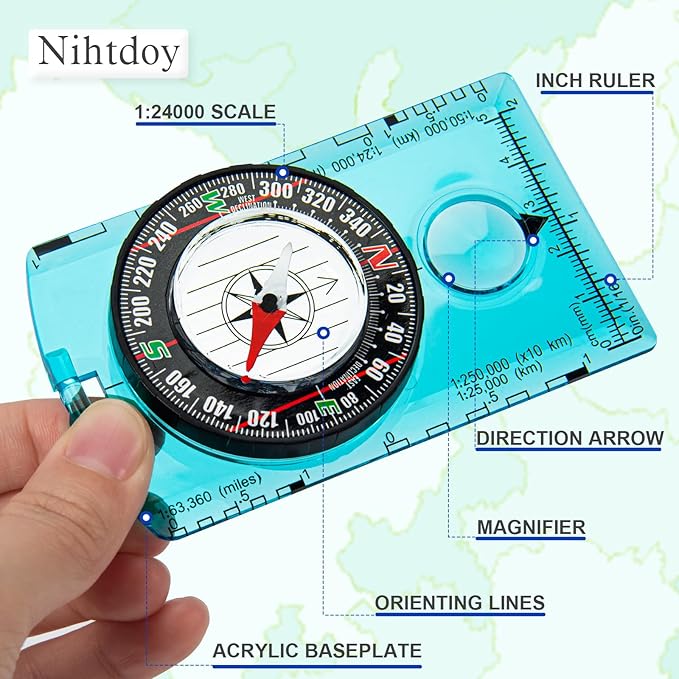 Multipurpose Outdoor Compass for Hiking, Scouting, Camping, and Navigation - Liquid-Filled, Transparent Base with Measuring Scales, Durable and Compact