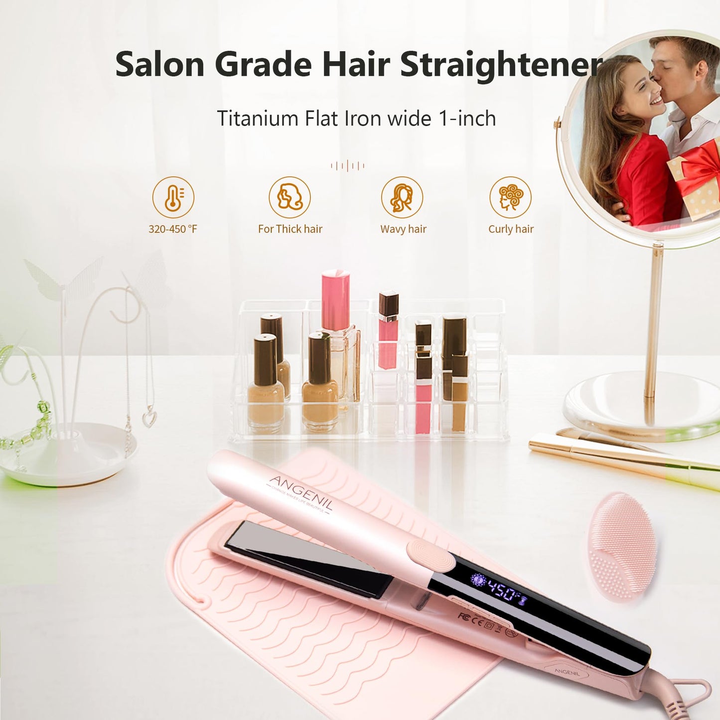 ANGENIL Pro Titanium Flat Iron Hair Straightener and Curler 2 in 1, Round Pink Dual Voltage Hair Straightener Irons with Heat Resistant Silicone Mat Hot Tools, Large LCD Display, 20S Fast Heating