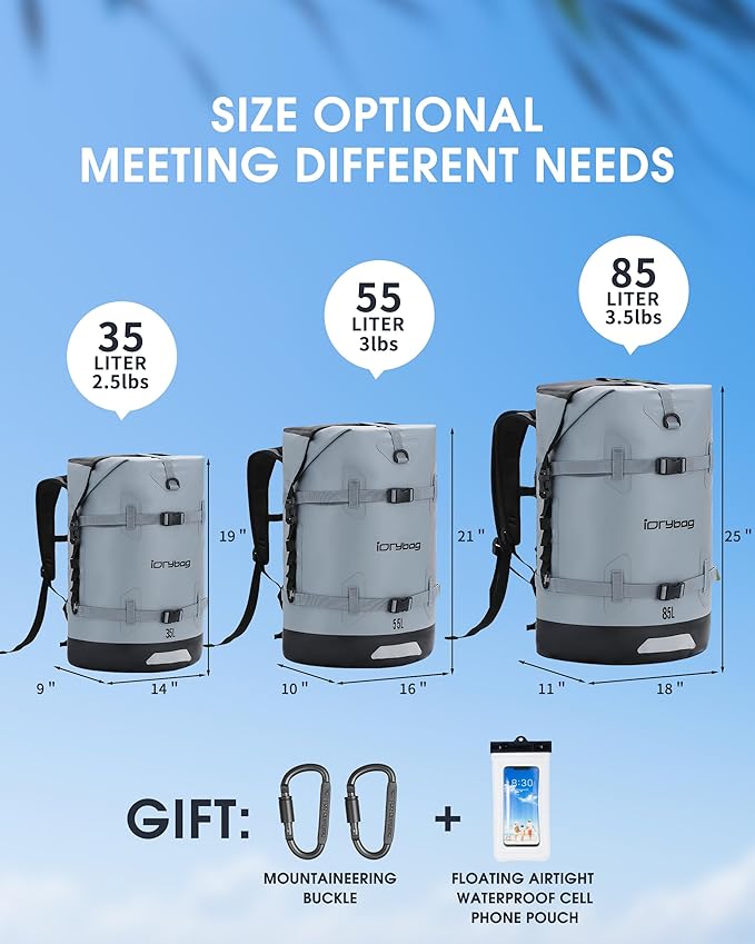 IDRYBAG Waterproof Backpack for Travel, Kayaking, Boating, Swimming, Floating Paddle Boarding - Submersible Dry Bag 35L/55L/85L