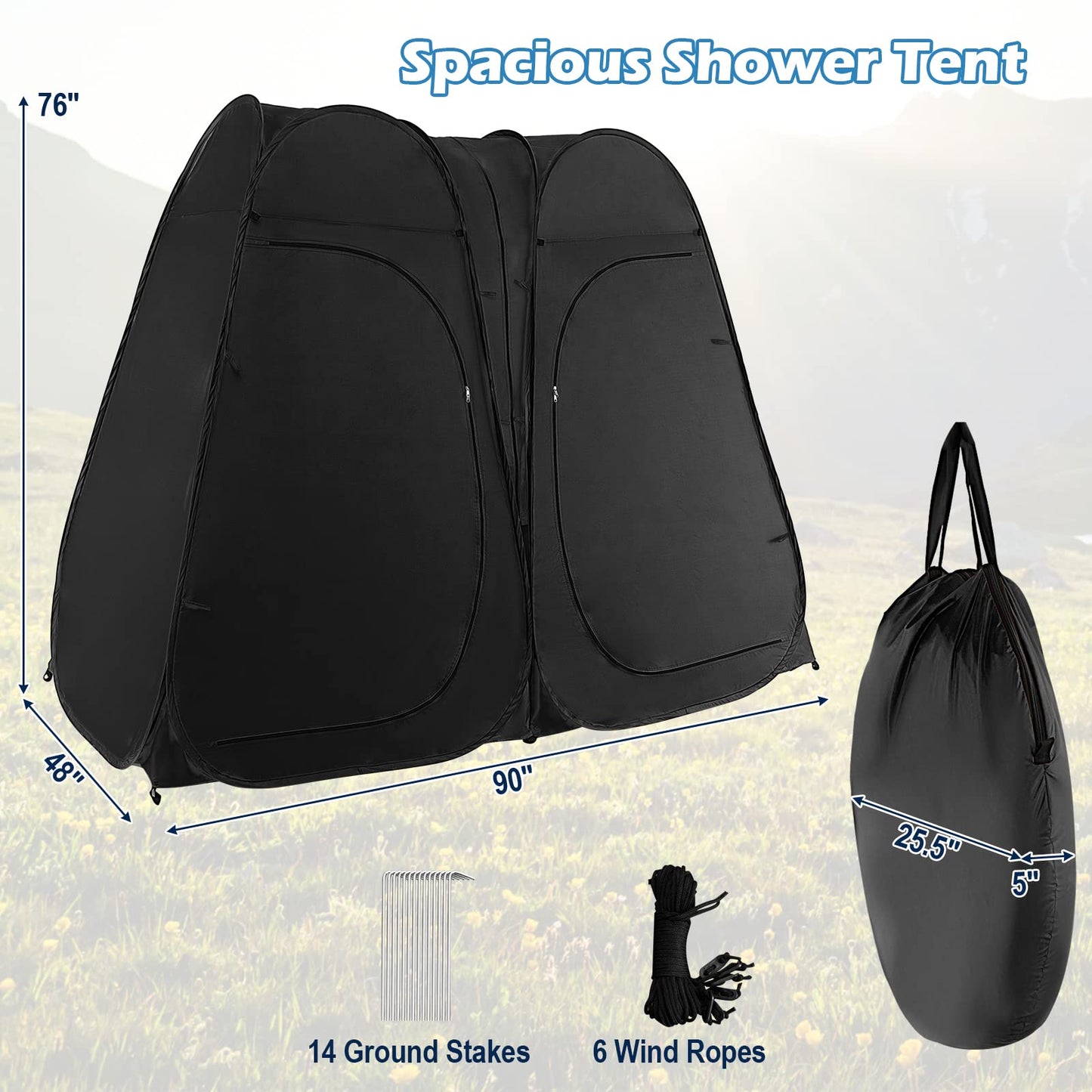 Goplus 2 Room Pop Up Shower Tent, 6.3FT Outdoor Portable Changing Room with Ground Stake, Wind Rope, Carry Bag, Window, Clothesline, Pocket, Privacy Instant Bathroom Tent for Camping Toilet