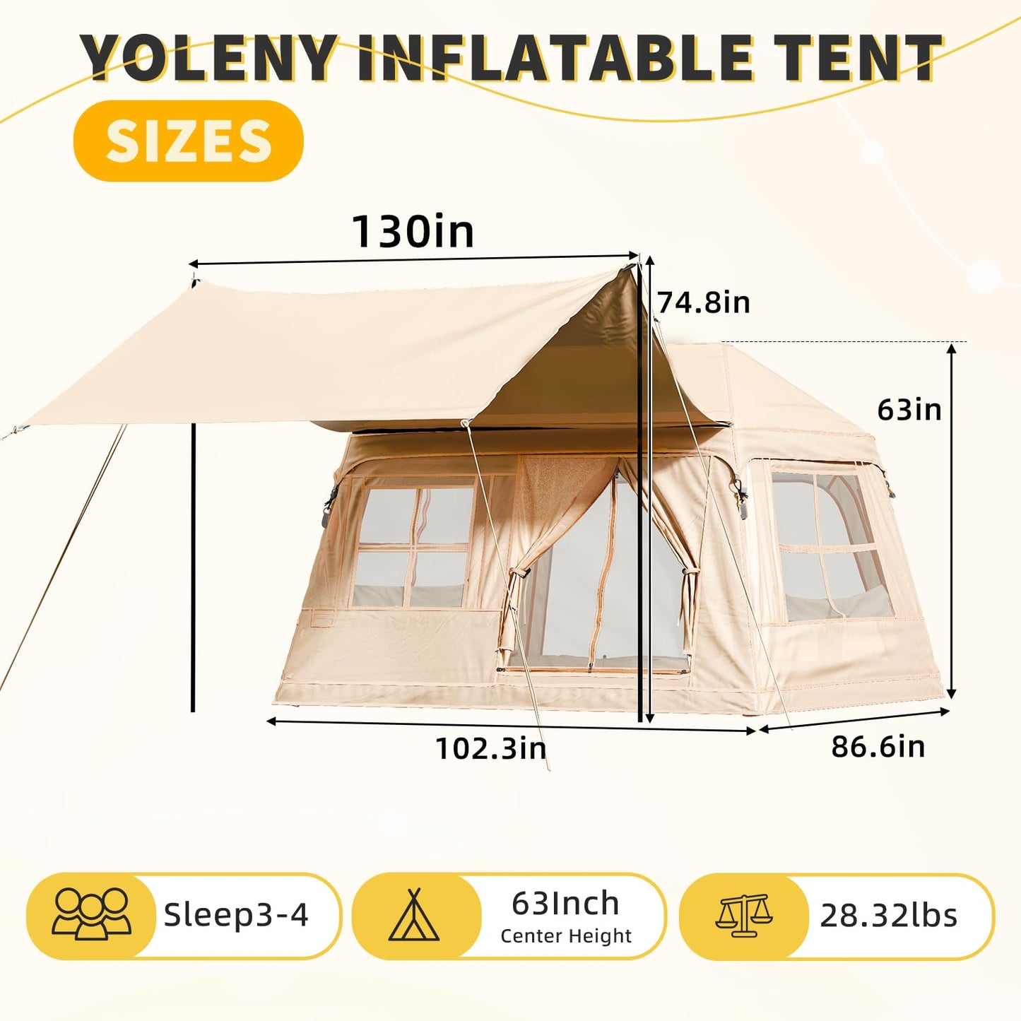 YOLENY 3-4 Person Inflatable Tents for Camping with Dual-Side Weatherproof Canopy with Hand Pump, Glamping Tent, Easy Setup, Waterproof Windproof