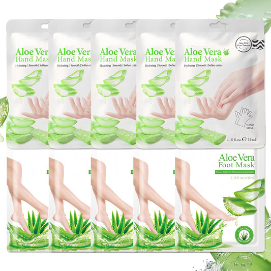 ASMAYSA Hydrating Hand and Foot Mask, 5 Pcs Foot Mask Peel & 5 Pcs Moisturizer Gloves with Aloe Vera Extracts, Moisturizing and Softening Hand & Foot Mask for Women Men Spa at Home