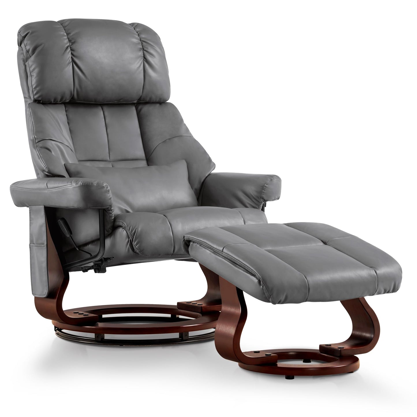 MCombo Manual Swivel Recliner with Ottoman, Reclining Chair with Vibration Massage for Small Spaces, Living Room, Office, Faux Leather 9068 (Grey)