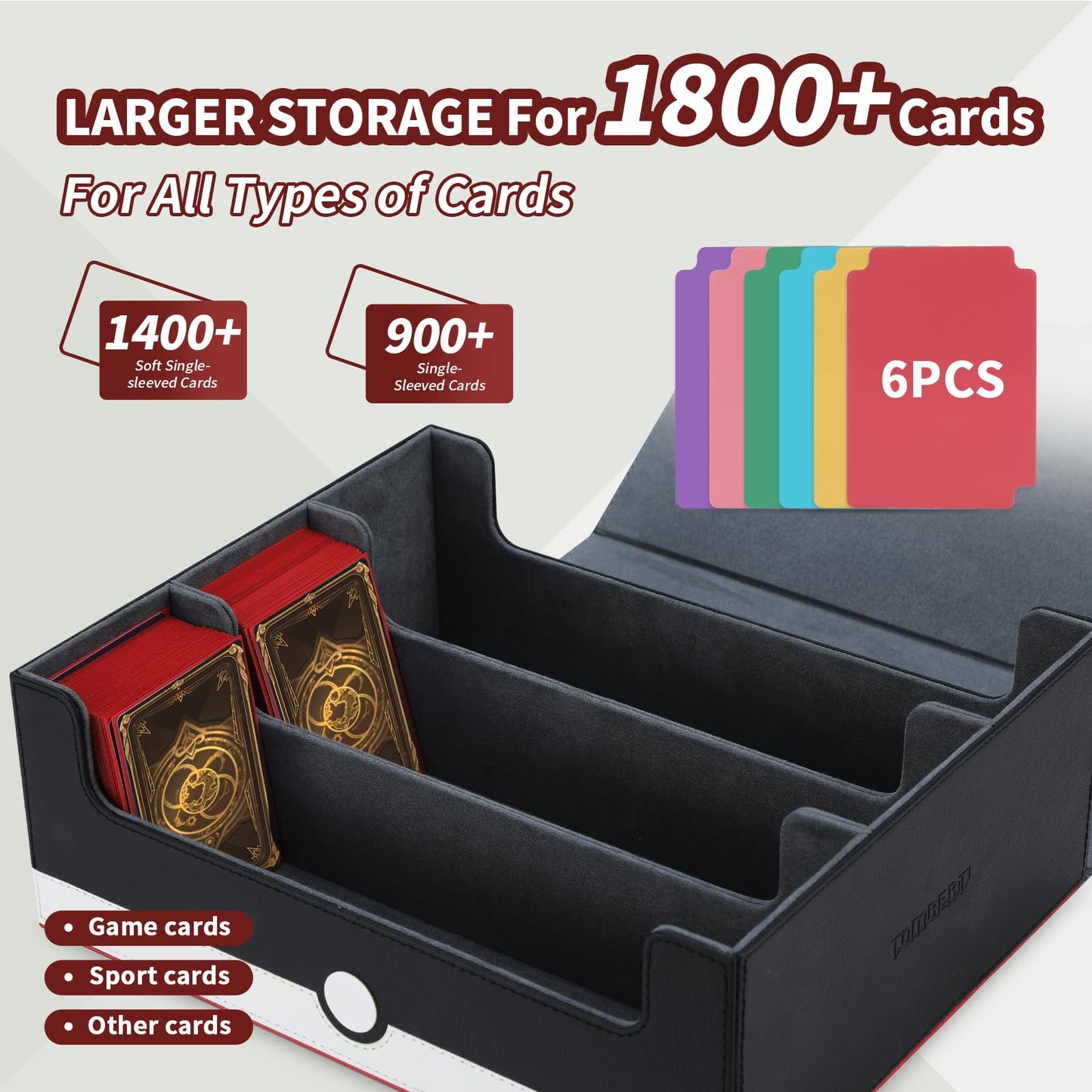 tombert Premium Trading Card Storage Box TCG Deck Case Holds 1000+ Sleeved Cards for MTG, YuGiOh, Uno, TCG, Sport Cards and Strong Magnet Closure (White & Red)