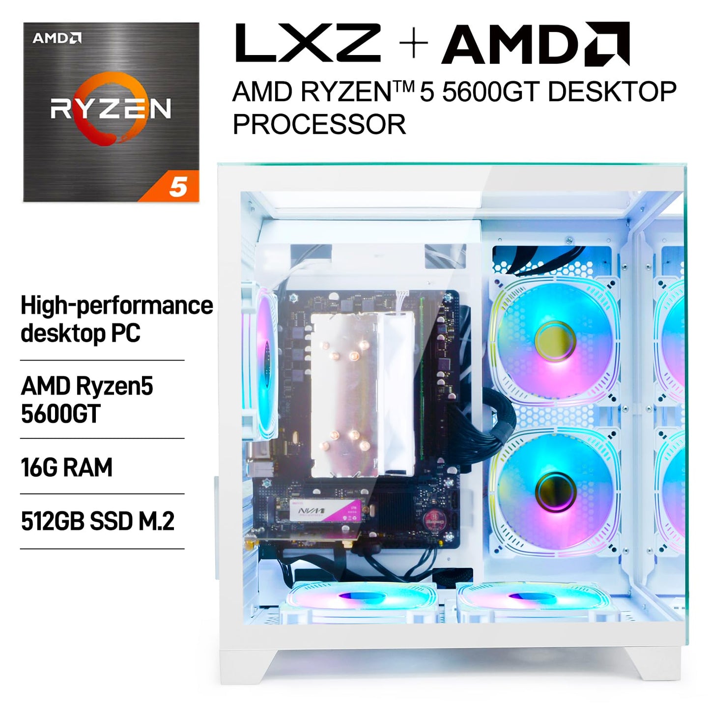 LXZ Desktop PC Computer Ryzen 5-5600GT 8 core 3.6GHz, 16G DDR4 RAM, 512G NVME SSD, Tower Computer with 400W Power Supply for Working, Home and Office (White)