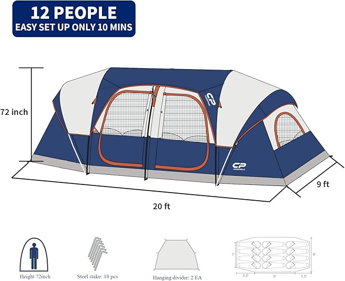 CAMPROS CP Tent-12-Person-Camping-Tents, Waterproof Windproof Family Tent with Top Rainfly, 6 Large Mesh Windows, Double Layer, Easy Set Up, Portable with Carry Bag