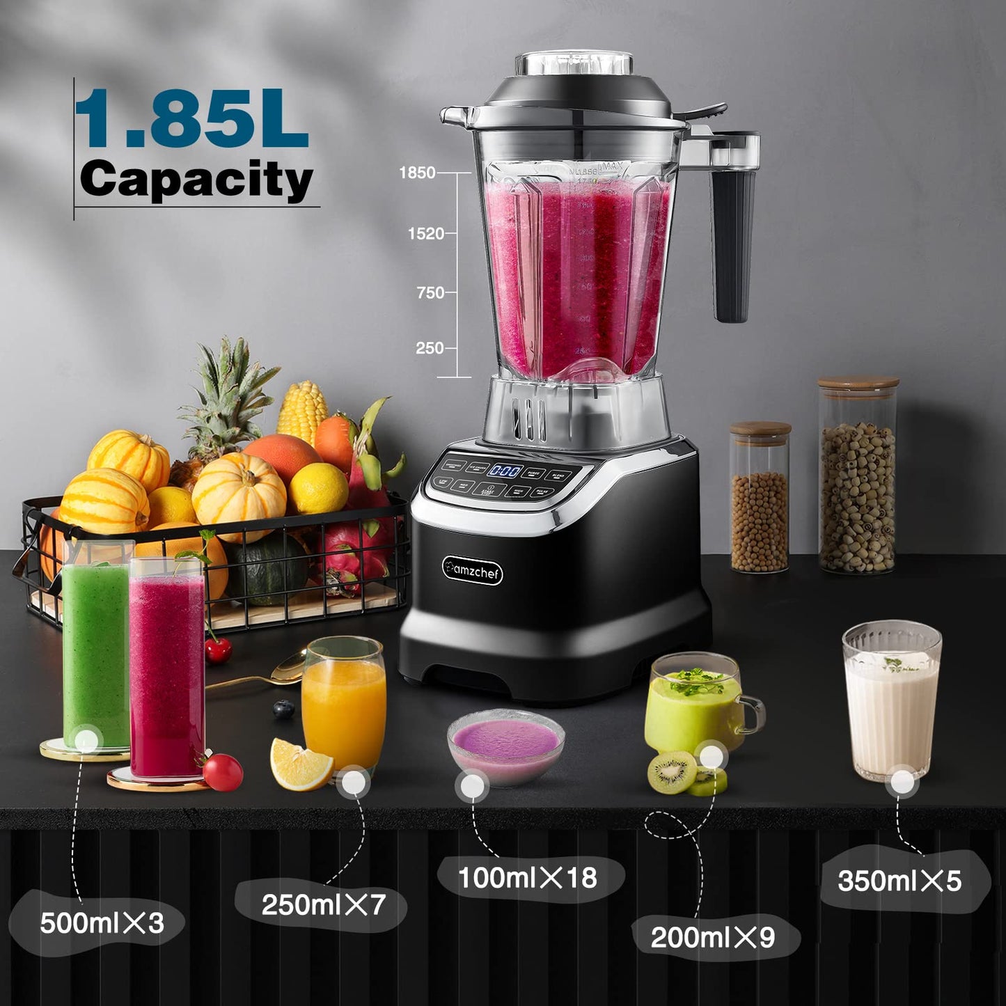 AMZCHEF Professional Blenders for Kitchen, 1800 W Smoothie Blender with 2 Blend Way, 4 Functions and 3 Speeds, 63 oz Blender for Smoothies, Frozen Drinks, Ice Cream, Soup, 20 oz blend bottle, Black