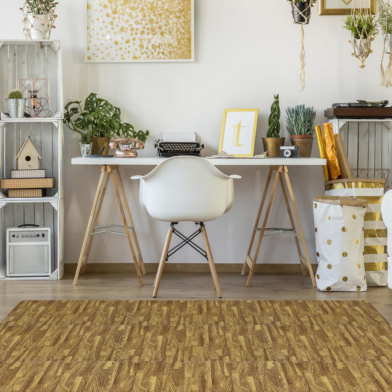 Sorbus 48Sq. Ft. Wood Grain Floor Tiles Foam Mat EVA Interlocking Mats Tile 3/8-Inch Thick Flooring Wood Puzzle Exercise Mats w/Borders - Home Playroom Basement, Apartment, Trade Show, Baby, Dance