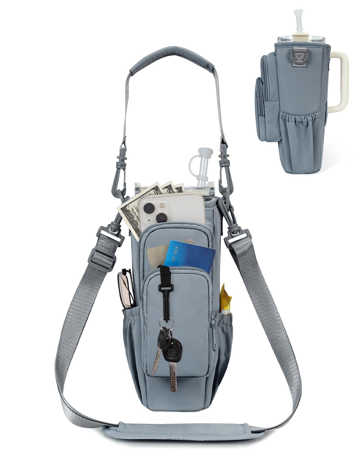 Water Bottle Carrier Bag with Phone Pocket for Stanley Brumate era 40oz Insulated Water Bottle Holder Pouch with Strap Water Bottle Bag with Straw Cover for Stanley Cup Accessories Patent Pending