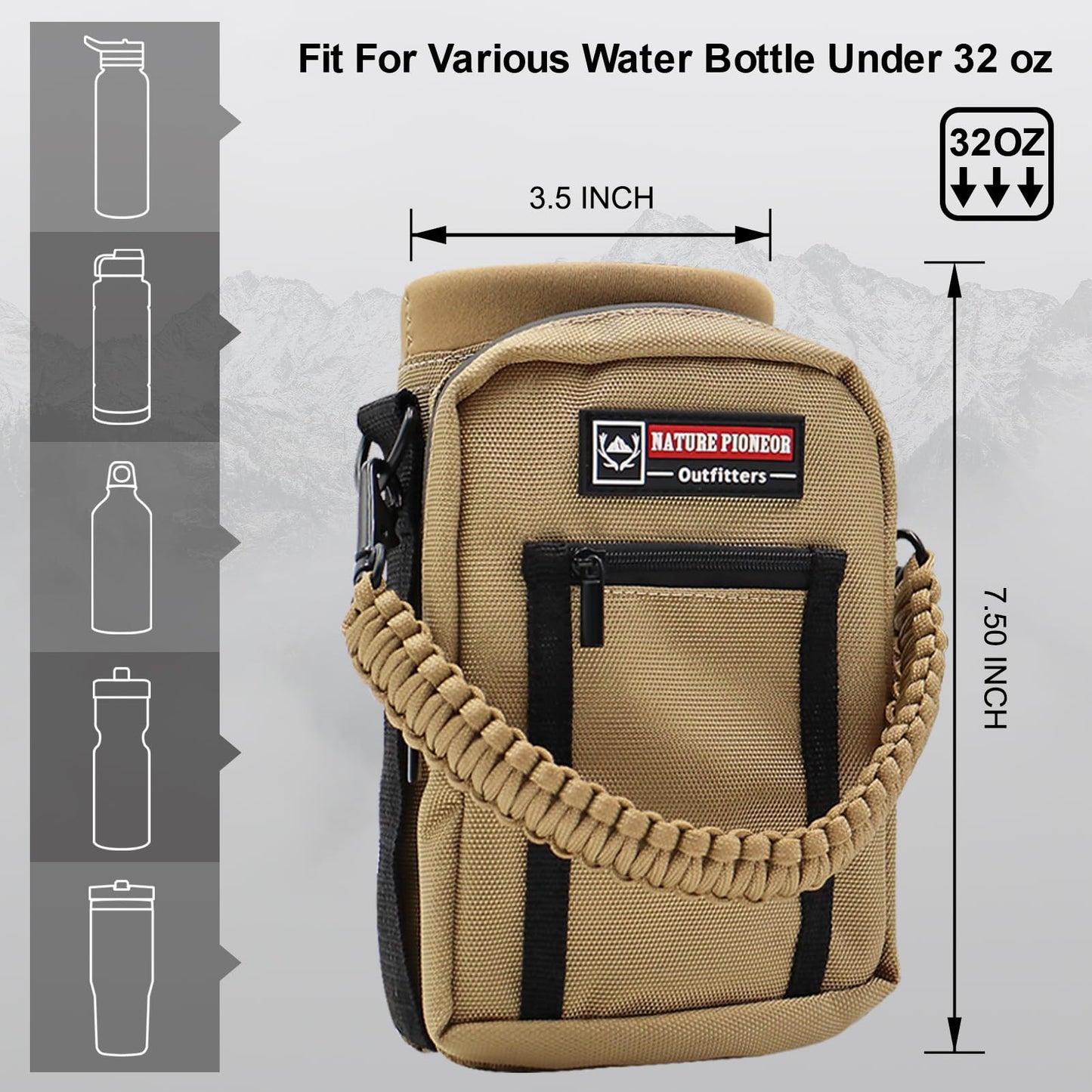 NATURE PIONEOR Water Bottle Holder with Strap 25 32 40 64 oz Insulated Water Bottle Carrier Sling Sleeve for Hiking,Outdoor Camping,Gym