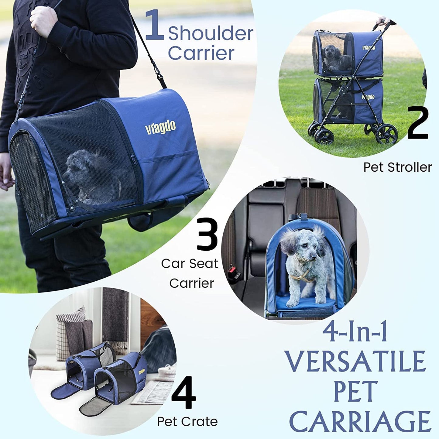 VIAGDO Dog Strollers for Small Medium Dogs, Double Cat Strollers for 2 Cats, 4-in-1 Small Doggy Pet Stroller, 2 Detachable Carriers, 4 Lockable Wheels, Pet Travel Cart, Folding Trolley, Navy Blue