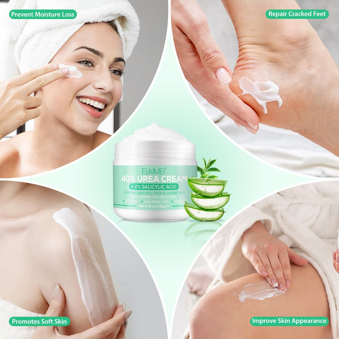 Urea Cream 40 Percent for Feet Maximum Strength,40% Urea Cream Plus 2% Salicylic Acid,Foot Cream and Hand Cream with Tea Tree,and Aloe Vera(5.29 OZ/150g/2pack)
