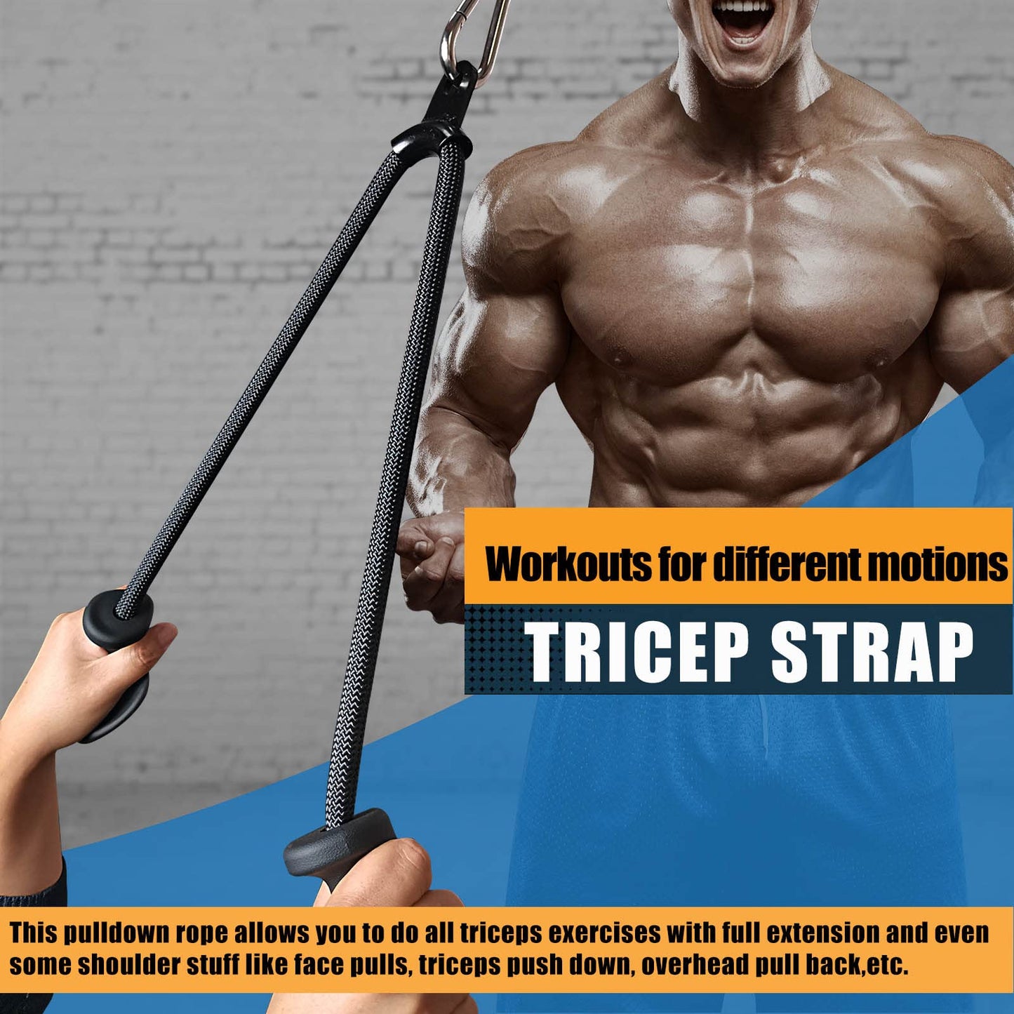Ergonomic Tricep Rope Pull Down Attachment, Upgraded Long Triceps Rope Cable Attachments for Gym, LAT Pull Down Bar for Cable Machine, Tricep LAT Pulldown Workout Cable Attachments (Hand ROPE-04)