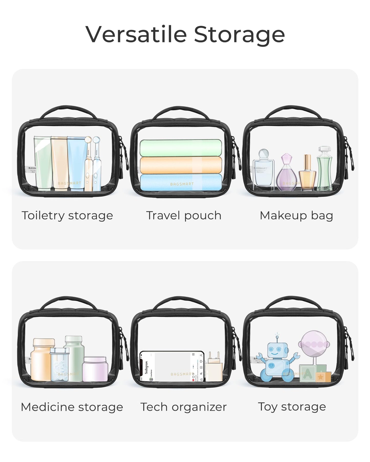 BAGSMART Clear TSA-Approved Toiletry Bag, Large Opening Quart Sized Makeup Bag with Handle, Double Zipper, Clear Cosmetic Organizer for Women