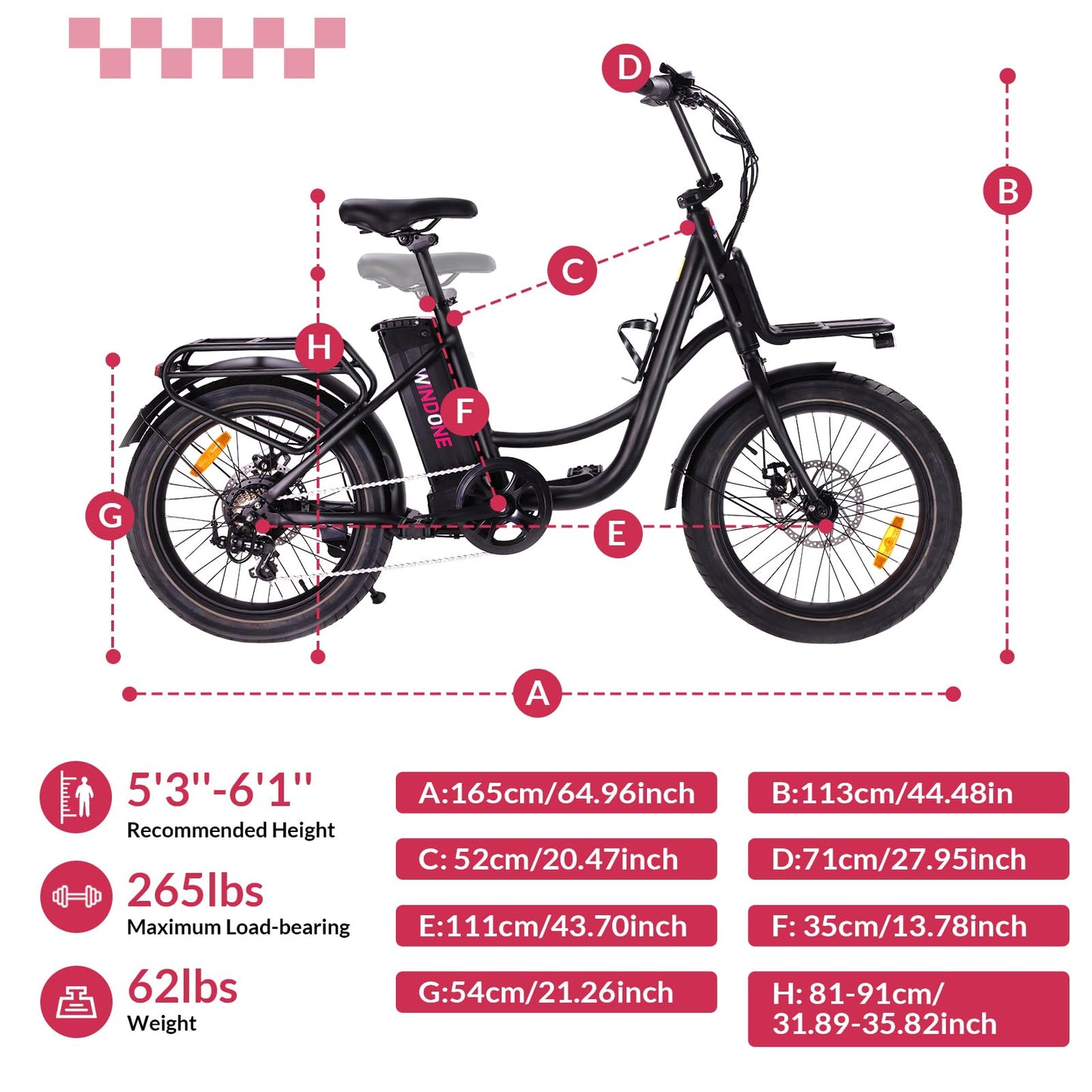 Windone E20 Electric Bike for Adults, Max 20 MPH Speed & 40 Miles Range, 20''×3.0'' Tire and 350W Motor Electric Bicycle, 7 Speed Shimano for Urban Commuters, Removable Battery, Ebike