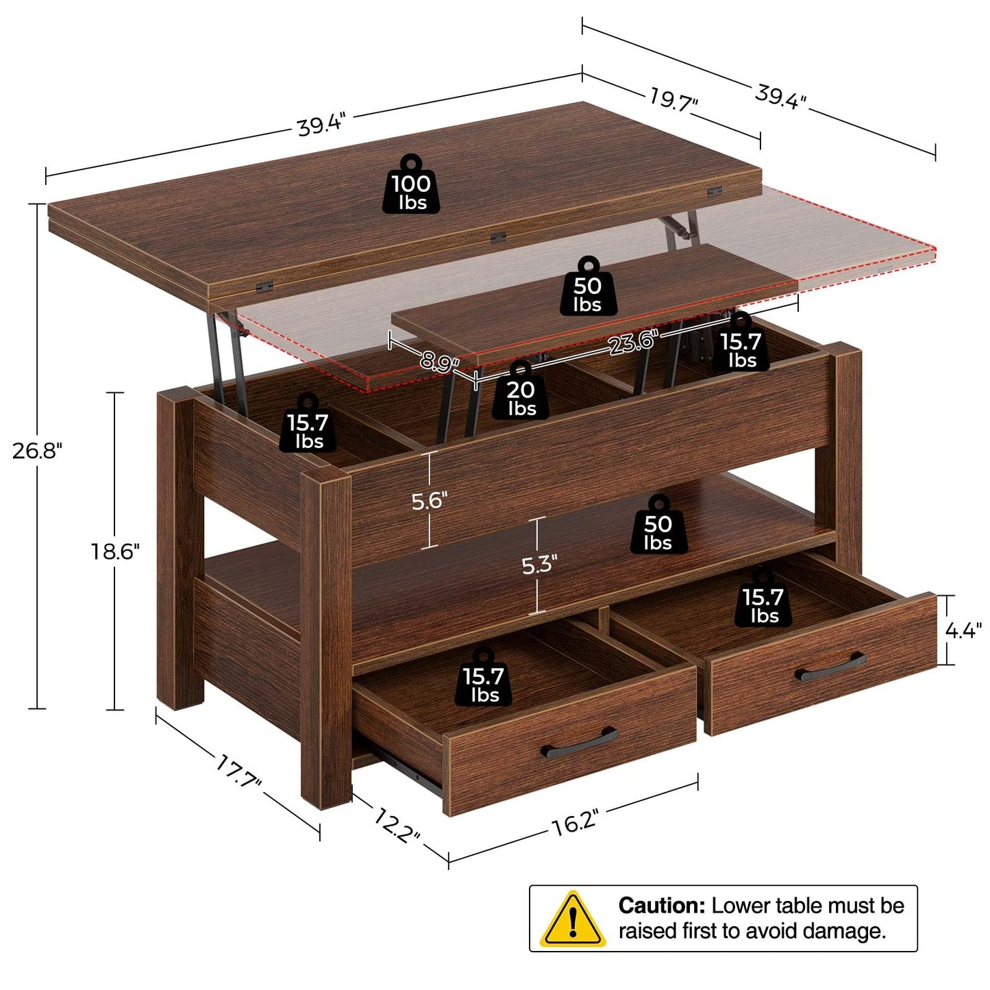 Rolanstar Coffee Table Lift Top, Multi-Function Convertible Coffee Table with Drawers and Hidden Compartment, Converts to Dining Table for Living Room, Home Office,Espresso