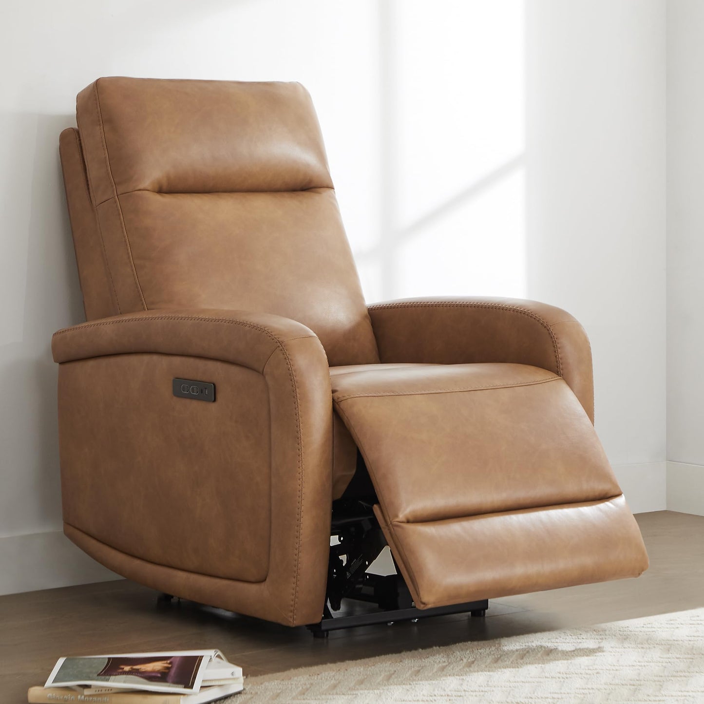 Watson & Whitely Power Recliner Chairs for Adults, Zero Wall Recliners W Power Headrest Type-C Charger, Small Faux Leather Home Theater Seating for Living Room & RV, Cognac Brown