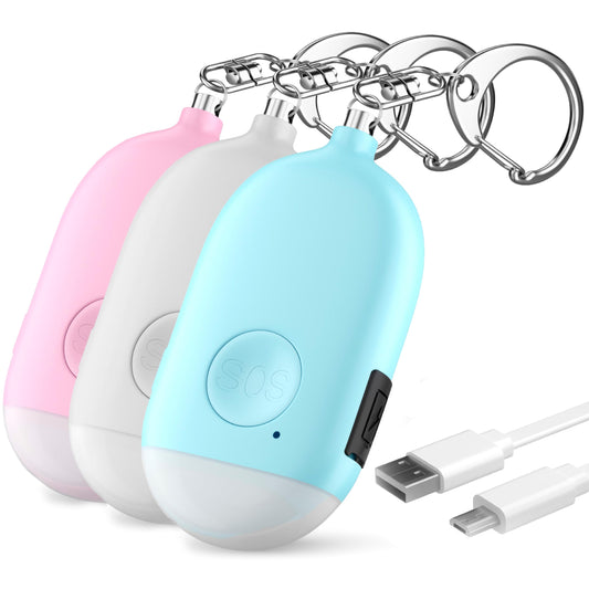 Rechargeable Personal Keychain Alarm – 3 Pack 130 dB Loud Self Defense Emergency Siren Song with LED Flashlight – SOS Safety Protection Alert Device Key Chain for Women by WETEN (Pink&Blue&White)