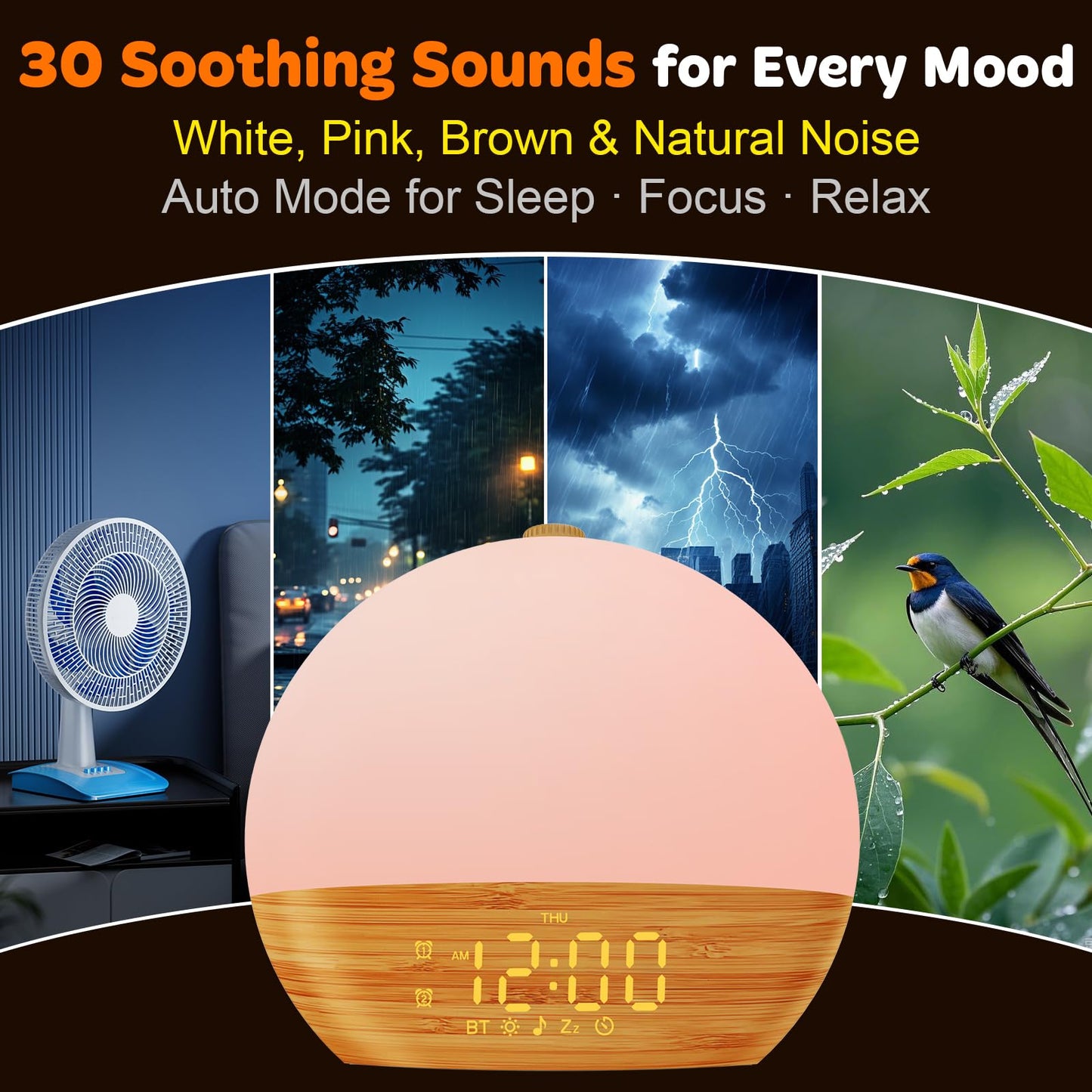 Sunrise Alarm Clock with Sound Machine - Wake Up Light, Wood Grain, Bluetooth, Dual Digital Alarm Clocks for Bedrooms, Adjustable Brightness, 30 Sleep Sounds, White Noise Machine for Baby & Adults