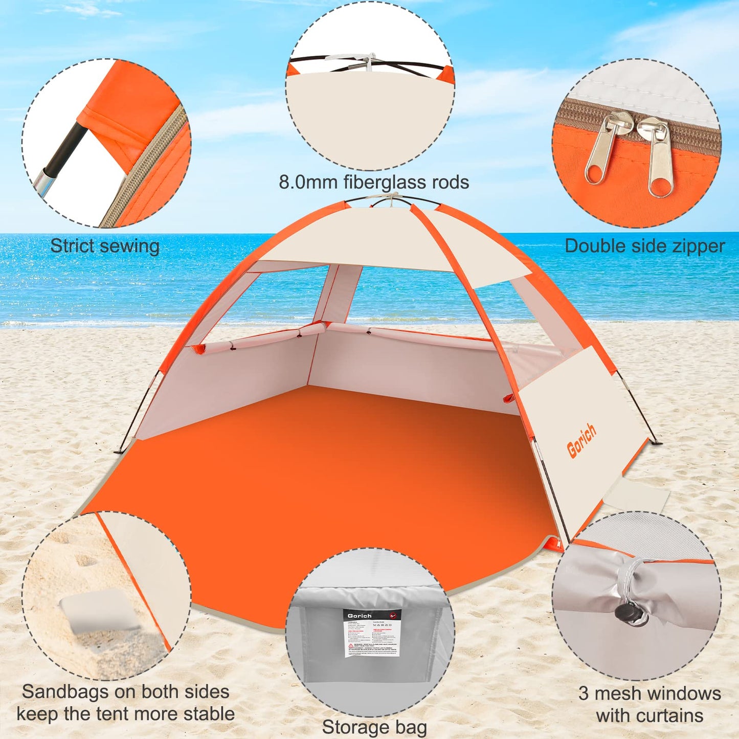 Gorich Beach Tent Sun Shelter for 3/4-5/6-7/8-10 Person with UPF 50+ UV Protection, Lightweight & Easy Setup Beach Shade Canopy, Portable Beach Shade Tent Beach Cabana