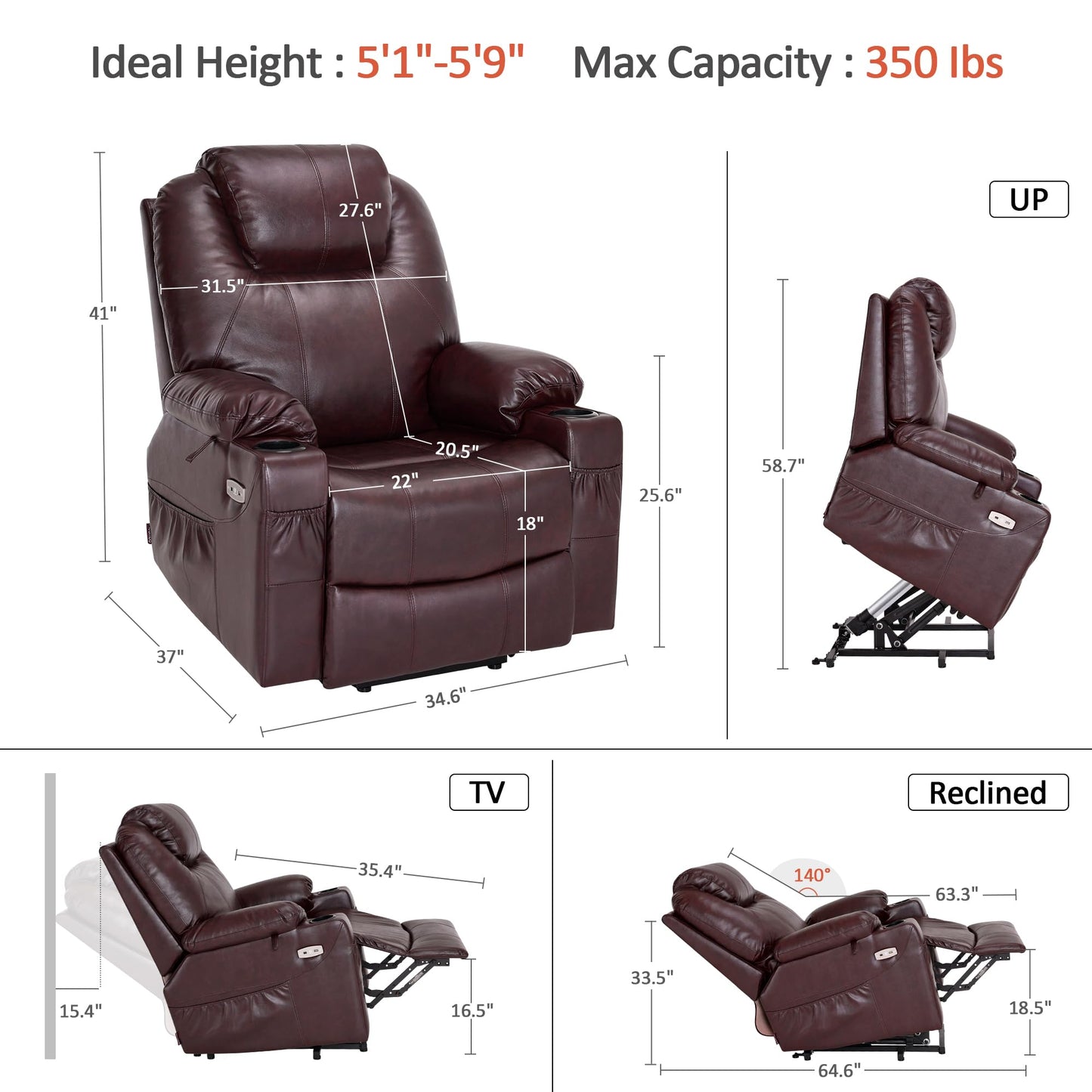 MCombo Electric Power Lift Recliner Chair Sofa with Massage and Heat for Elderly, 3 Positions, 2 Side Pockets, and Cup Holders, USB Ports, Faux Leather 7040 (Dark Brown, Medium)