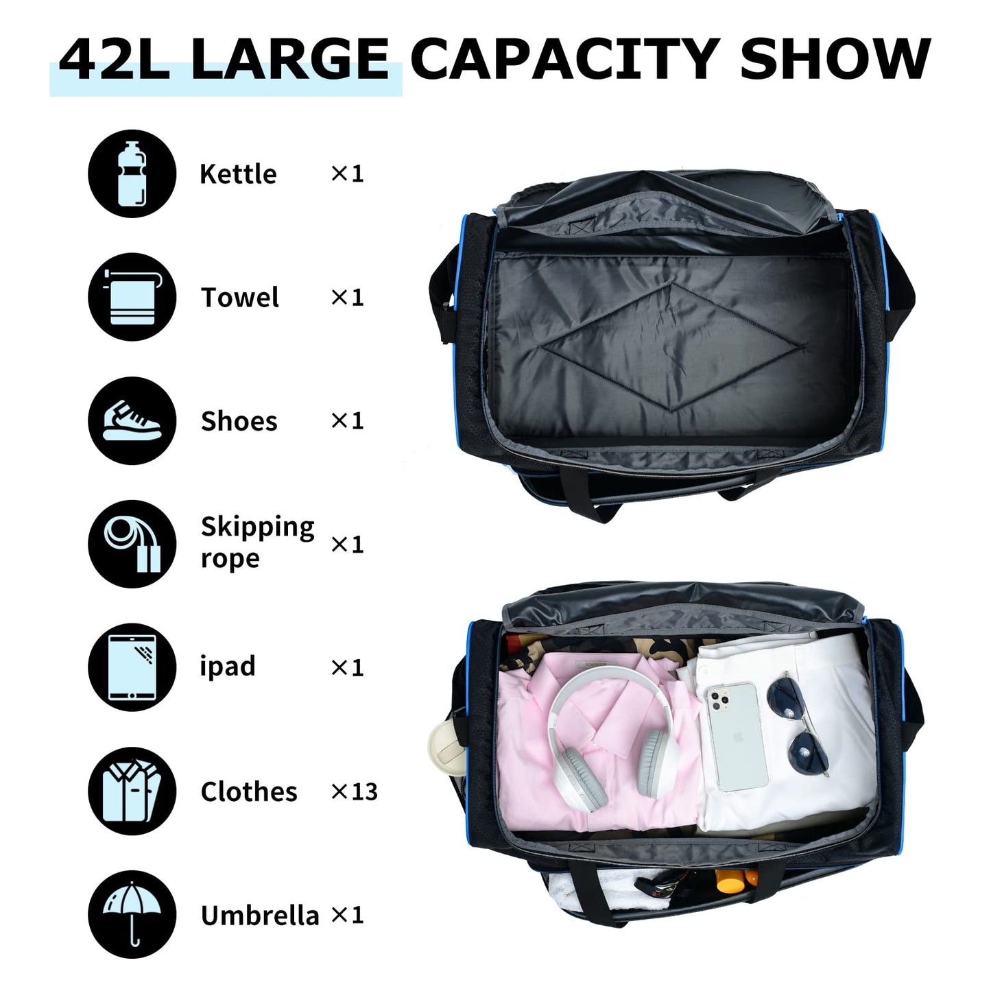 Uarition Mens Gym Bag 21 inch Large Overnight Weekender Duffle Bag for Travel Sport-Blue/Black