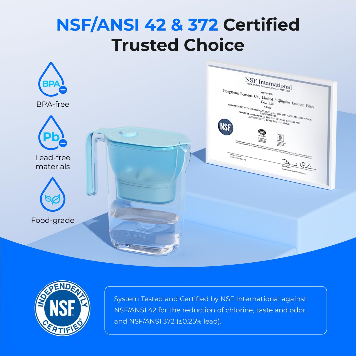 Waterdrop Water Filter Pitcher, 200-Gallon Long-Life, Countertop NSF Certified Water Purifier, Replaces 6,400 Plastic Water Bottles a Year, Reduces Chlorine, PFOA/PFOS, 7-Cup, Blue