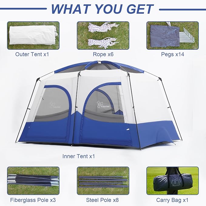 Vidalido Tents,6-8 Person Camping Tent with Extended Vestibule,2 Room Weather Resistant Family Tents,Easy Install Waterproof Outdoor Tent for Backpacking and Camping Hiking